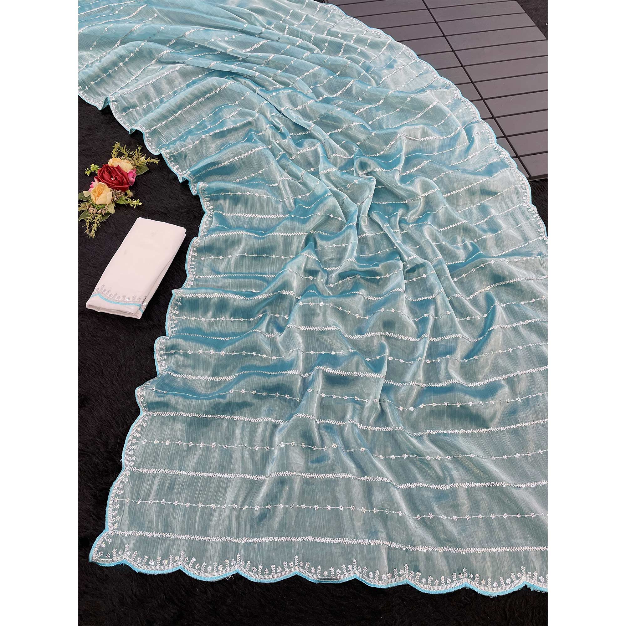 Sky Blue Sequins Work Embroidered Chiffon Saree