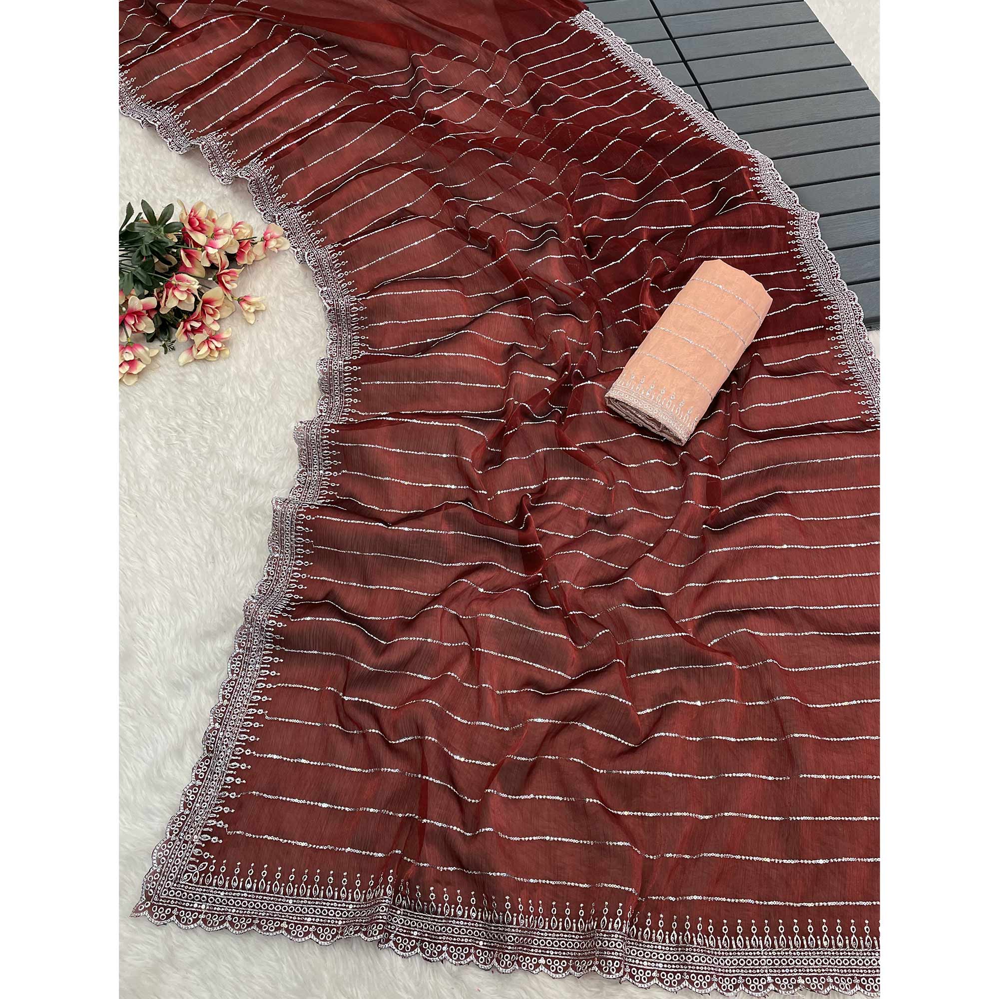Maroon Sequins Embroidered Chiffon Saree