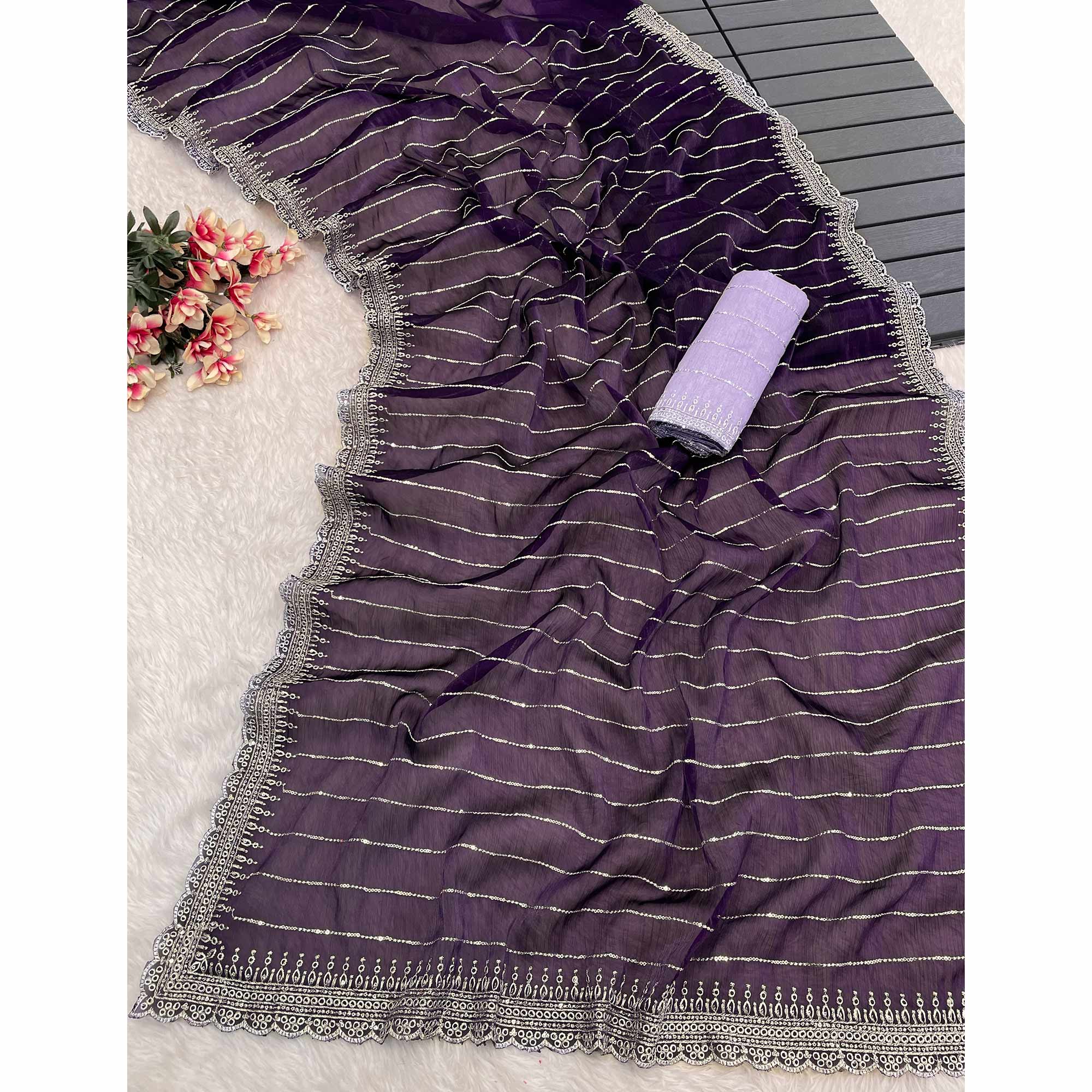 Purple Sequins Embroidered Chiffon Saree