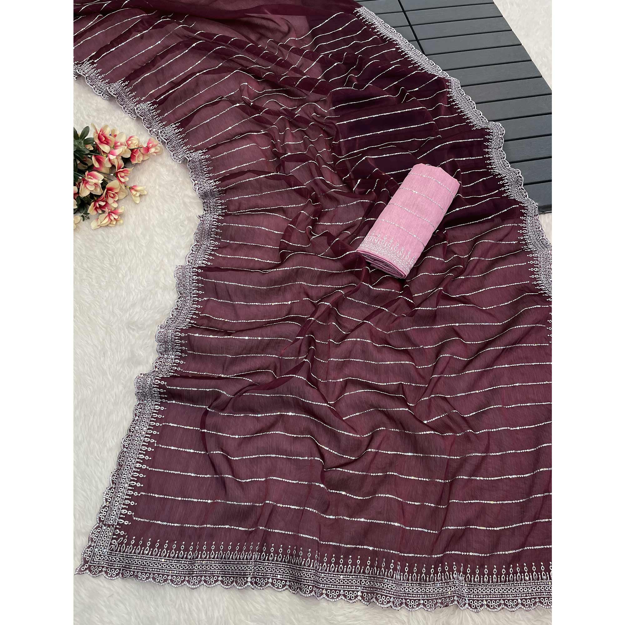 Wine Sequins Embroidered Chiffon Saree