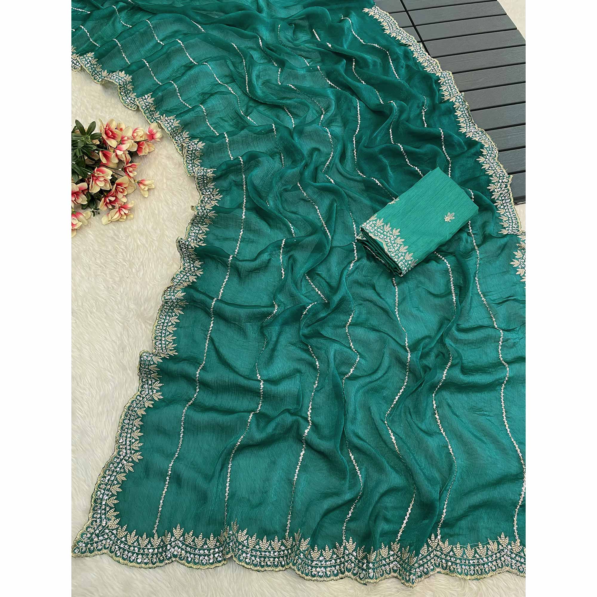 Rama Green Sequins Work Embroidered Chiffon Saree