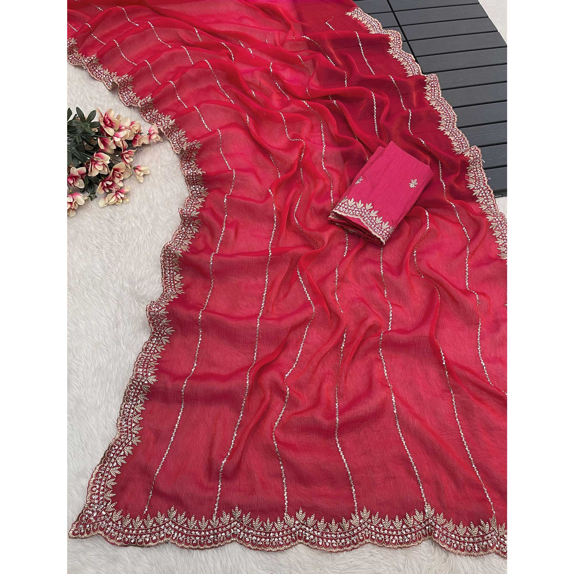Rani Pink Sequins Work Embroidered Chiffon Saree