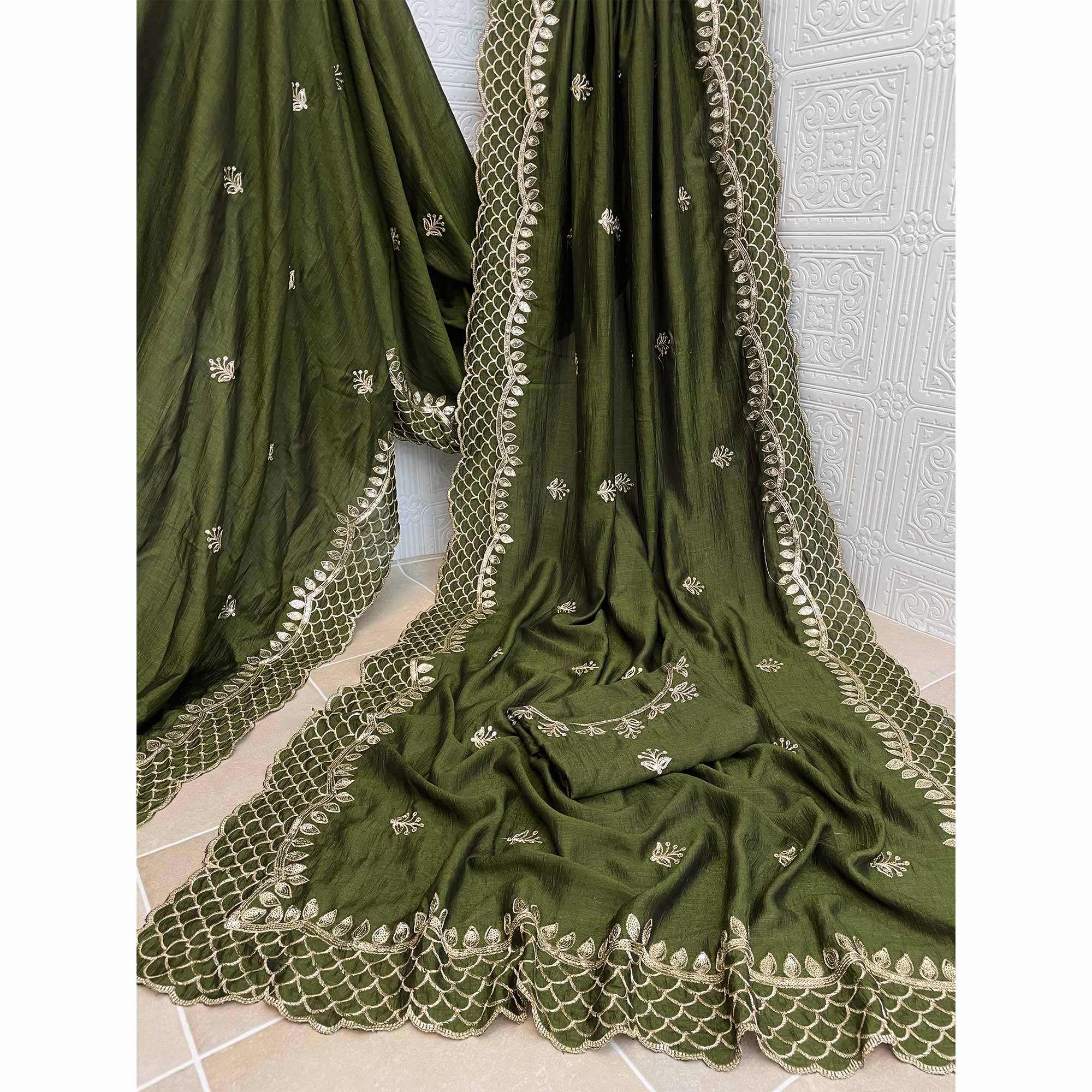 Green Sequins Embroidered Vichitra Silk Saree