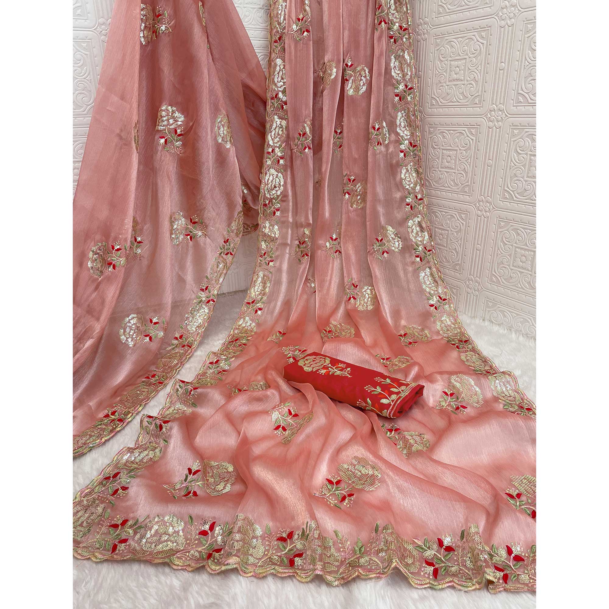 Peach Sequins Work Embroidered Chiffon Saree