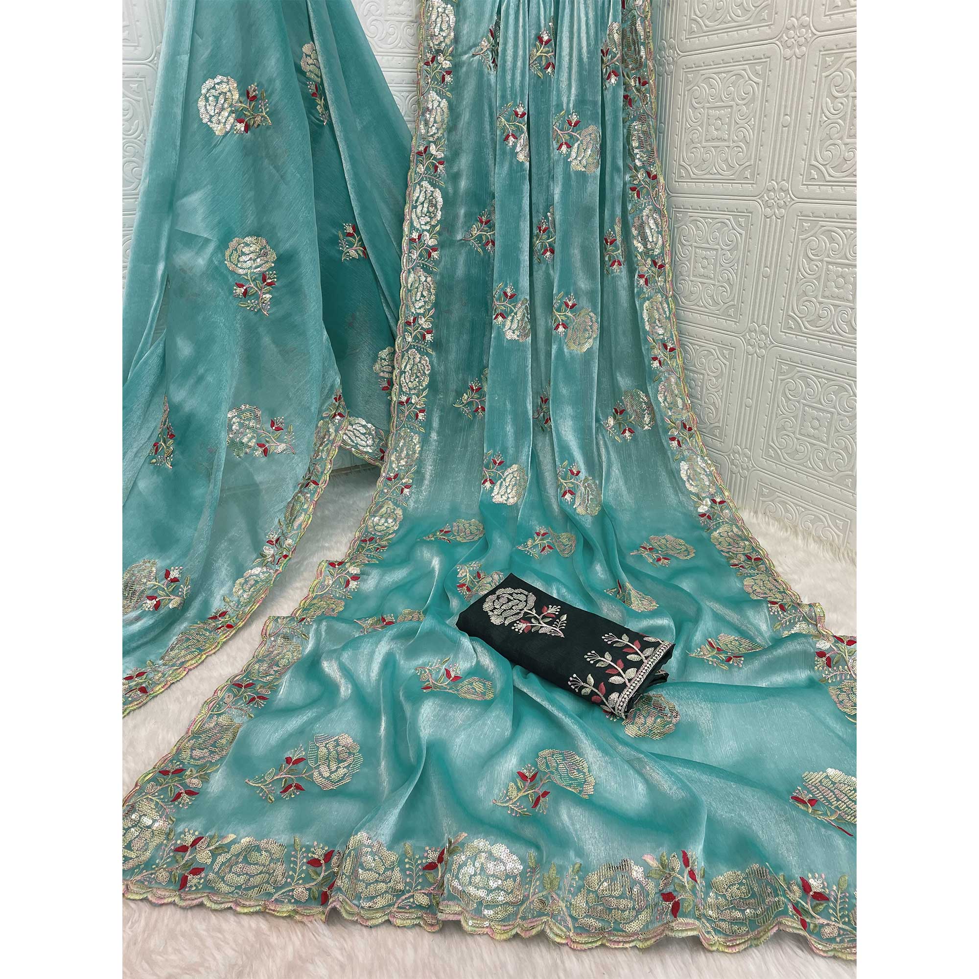 Sky Blue Sequins Work Embroidered Chiffon Saree