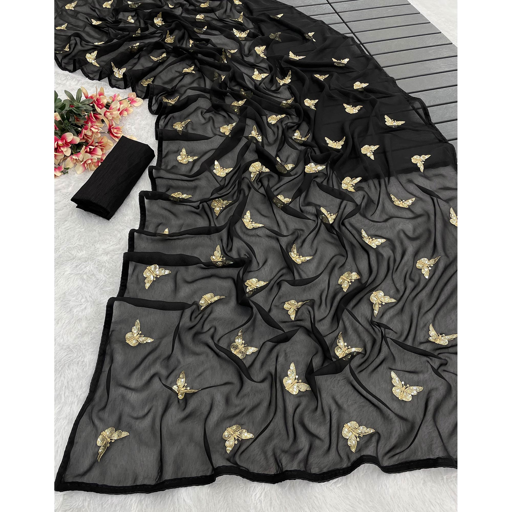 Black Embroidered Georgette Saree With Shimmering Butterfly Sequin Work