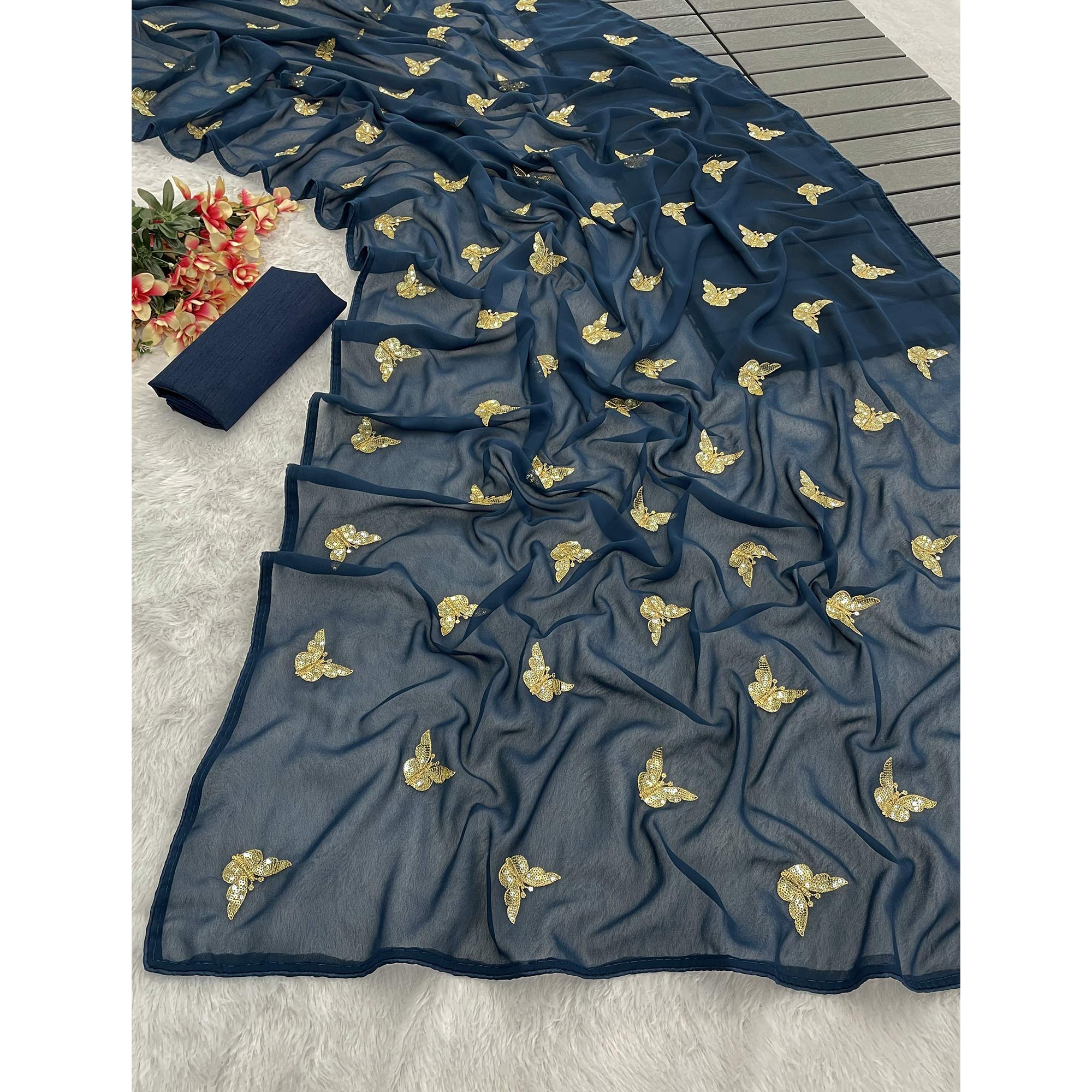 Blue Embroidered Georgette Saree With Shimmering Butterfly Sequin Work