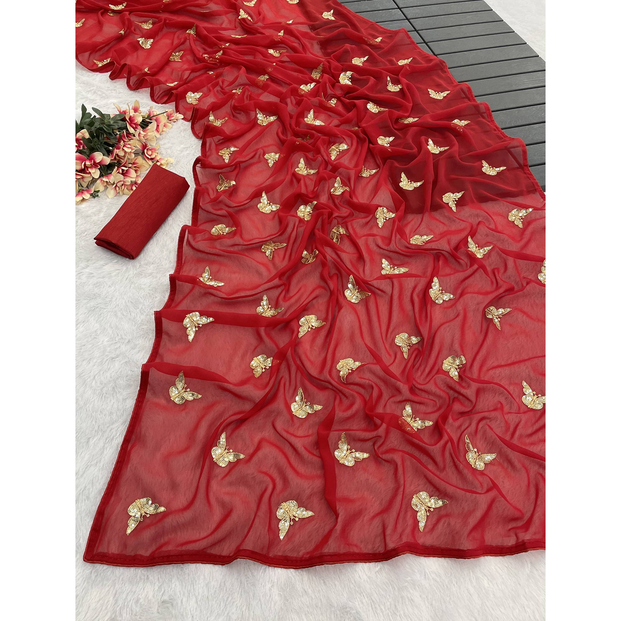 Red Embroidered Georgette Saree With Shimmering Butterfly Sequin Work