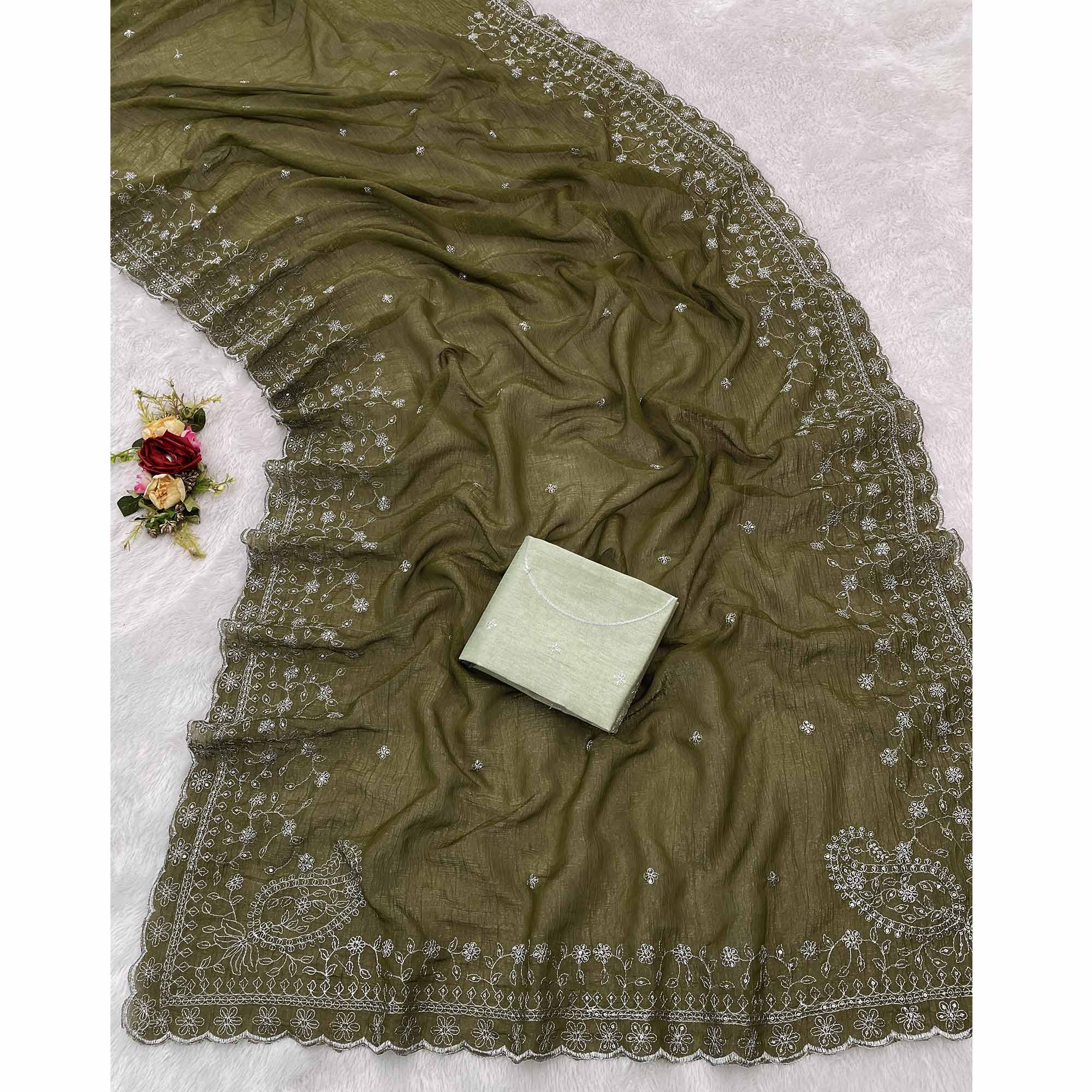 Mehendi Green Silk Blend Crush Saree Adorned With Floral Thread Embroidery & Sequins
