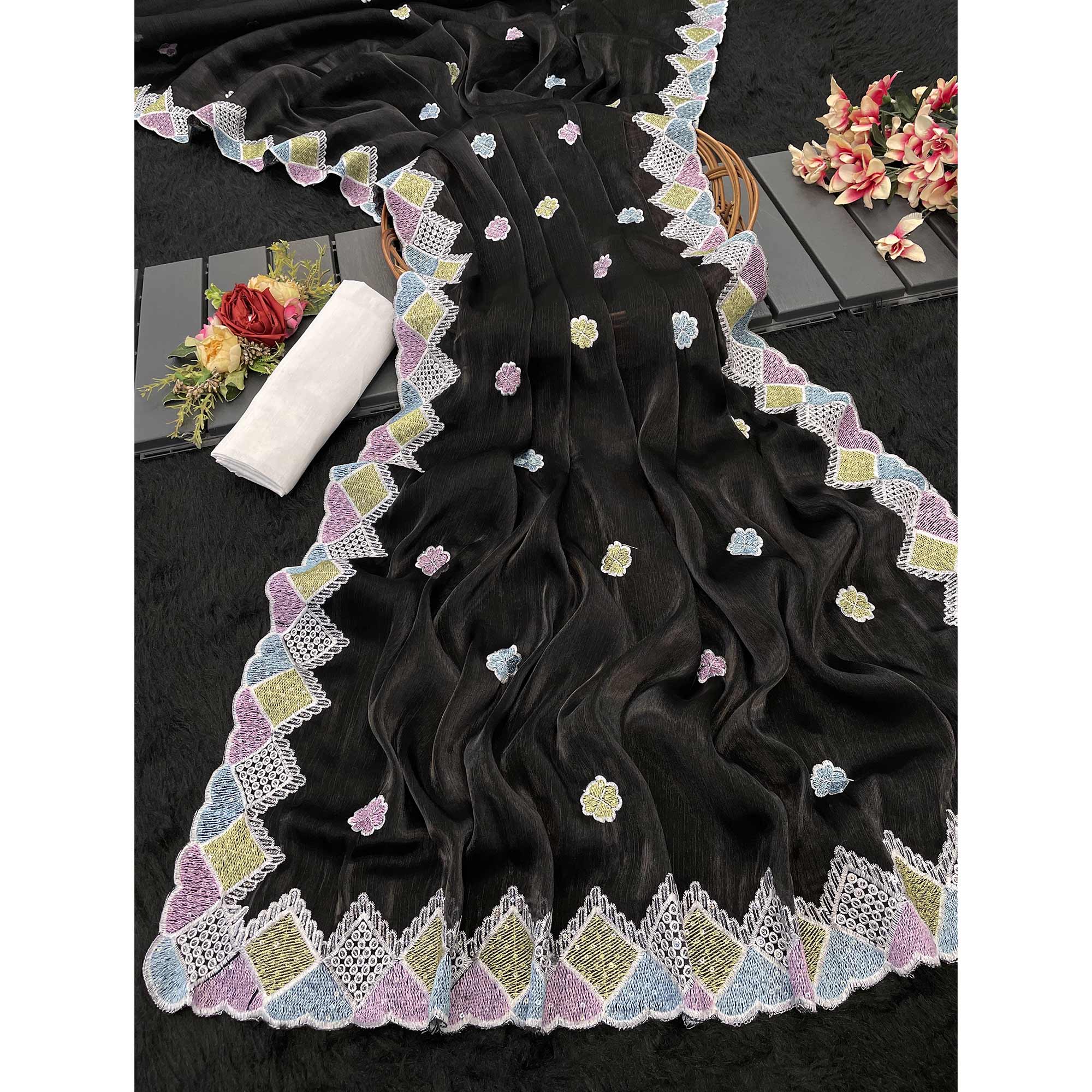 Elegant Black Chiffon Silk Saree Adorned With Delicate Floral Sequin Work