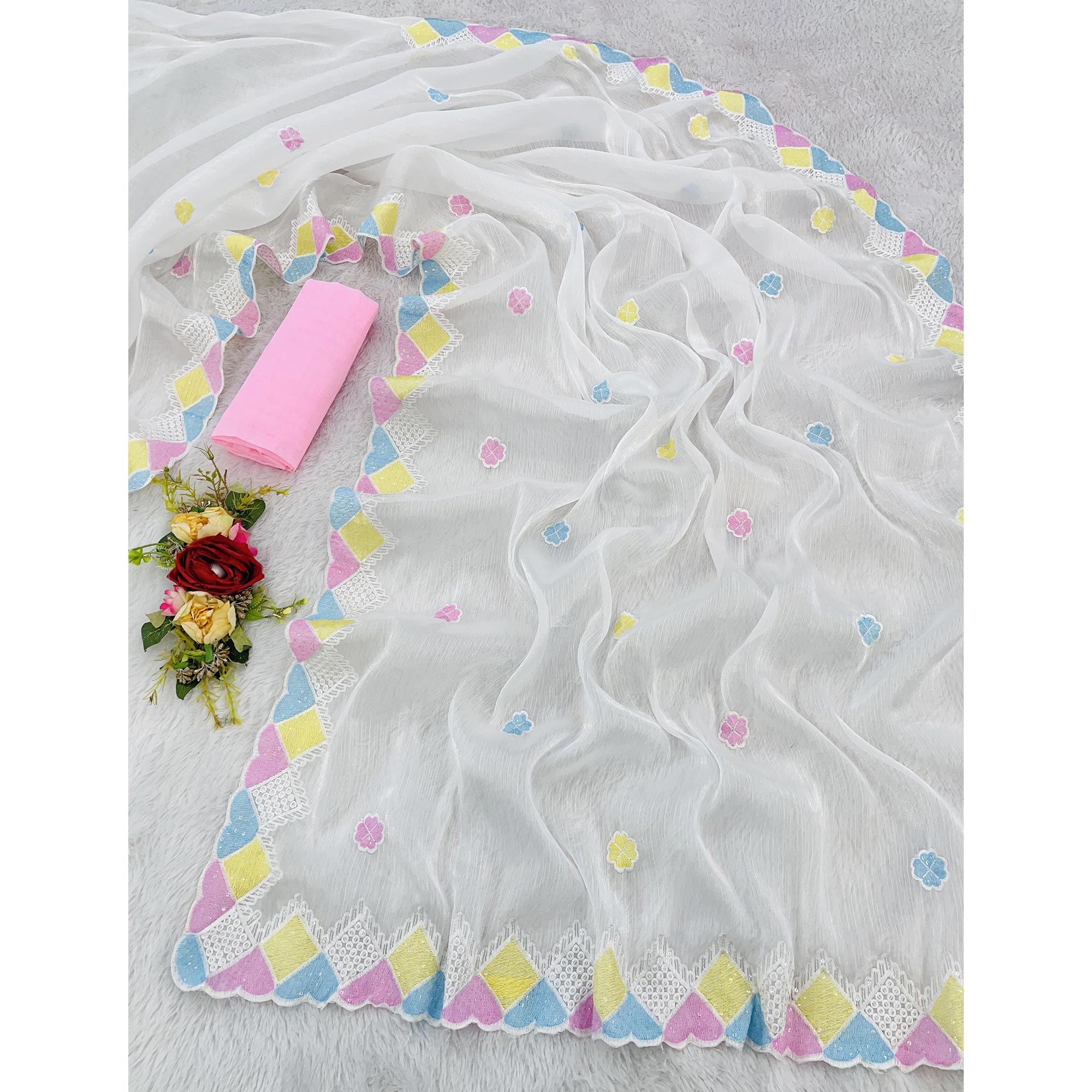 Graceful White Chiffon Silk Saree Adorned With Delicate Floral Sequin Work