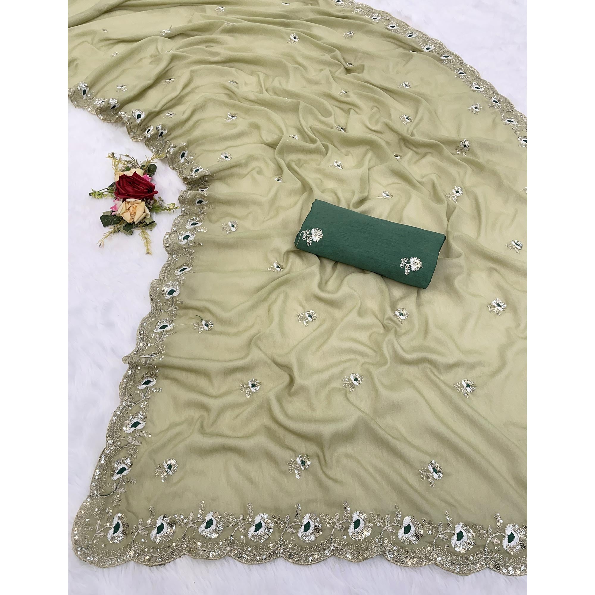 Green Georgette Silk Saree With Floral Sequin Embroidery & Graceful Cutwork Detailing Border