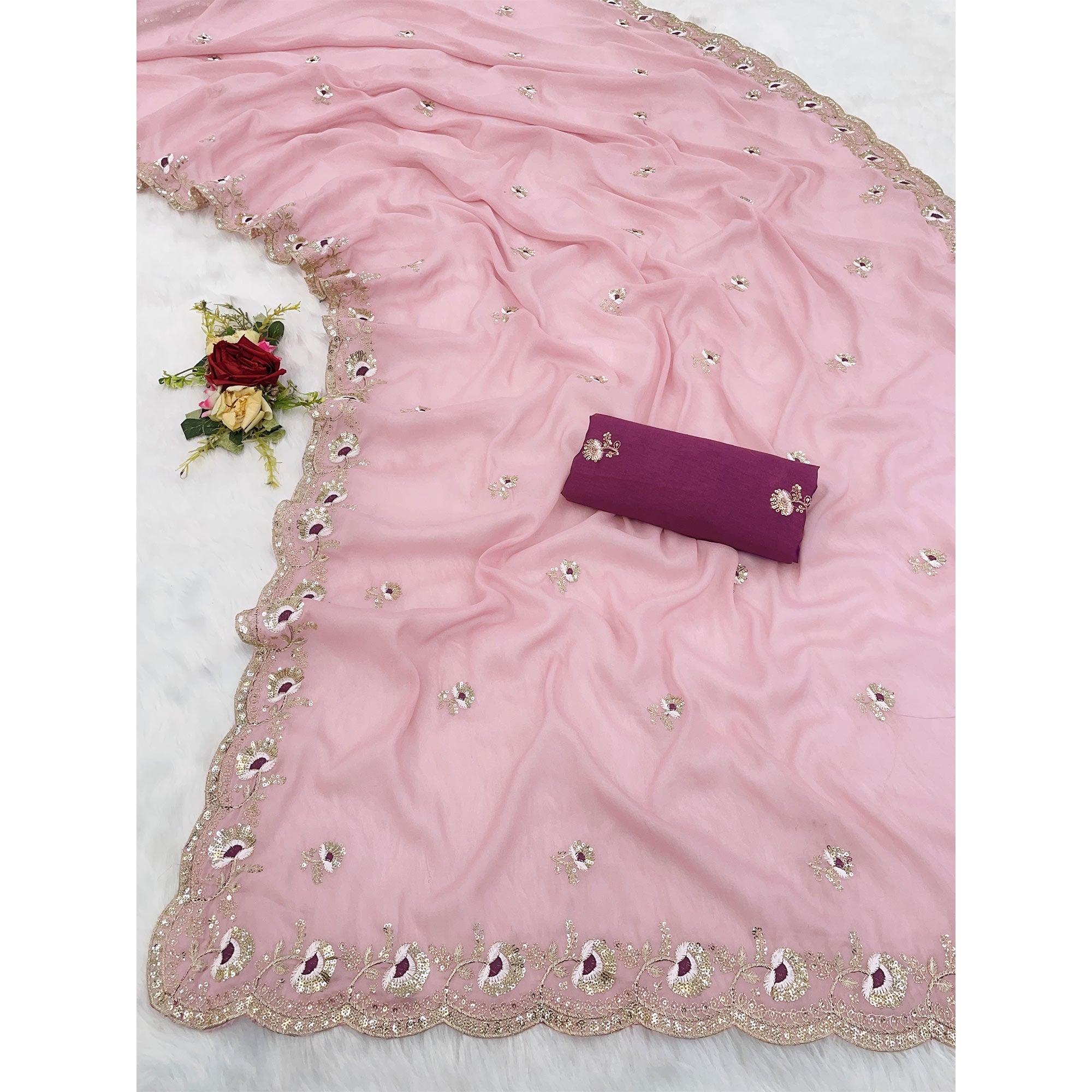 Pink Georgette Silk Saree With Floral Sequin Embroidery & Graceful Cutwork Detailing Border
