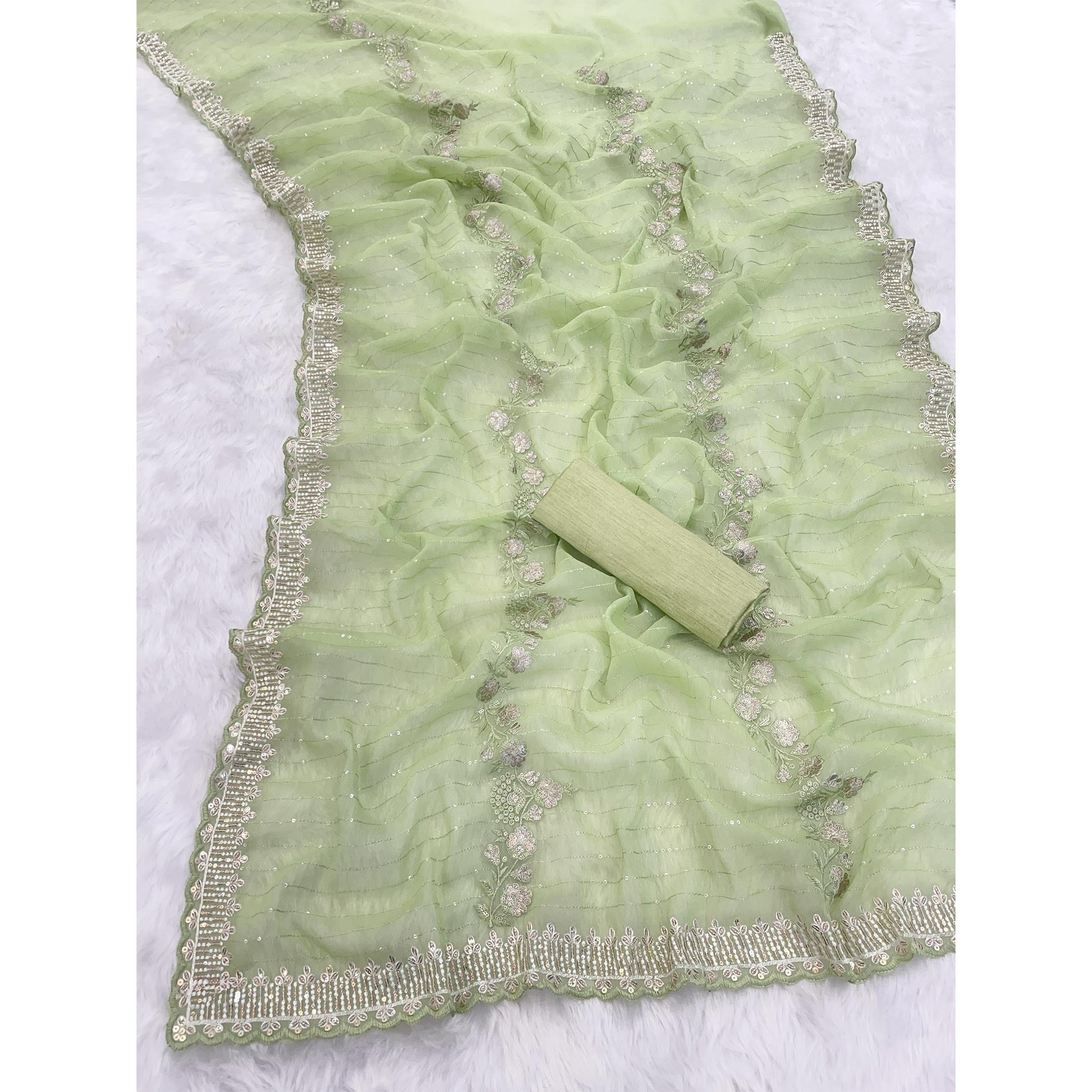 Green Shimmer Chiffon Saree with Floral Sequin Embroidery & Fine Cutwork Detailing