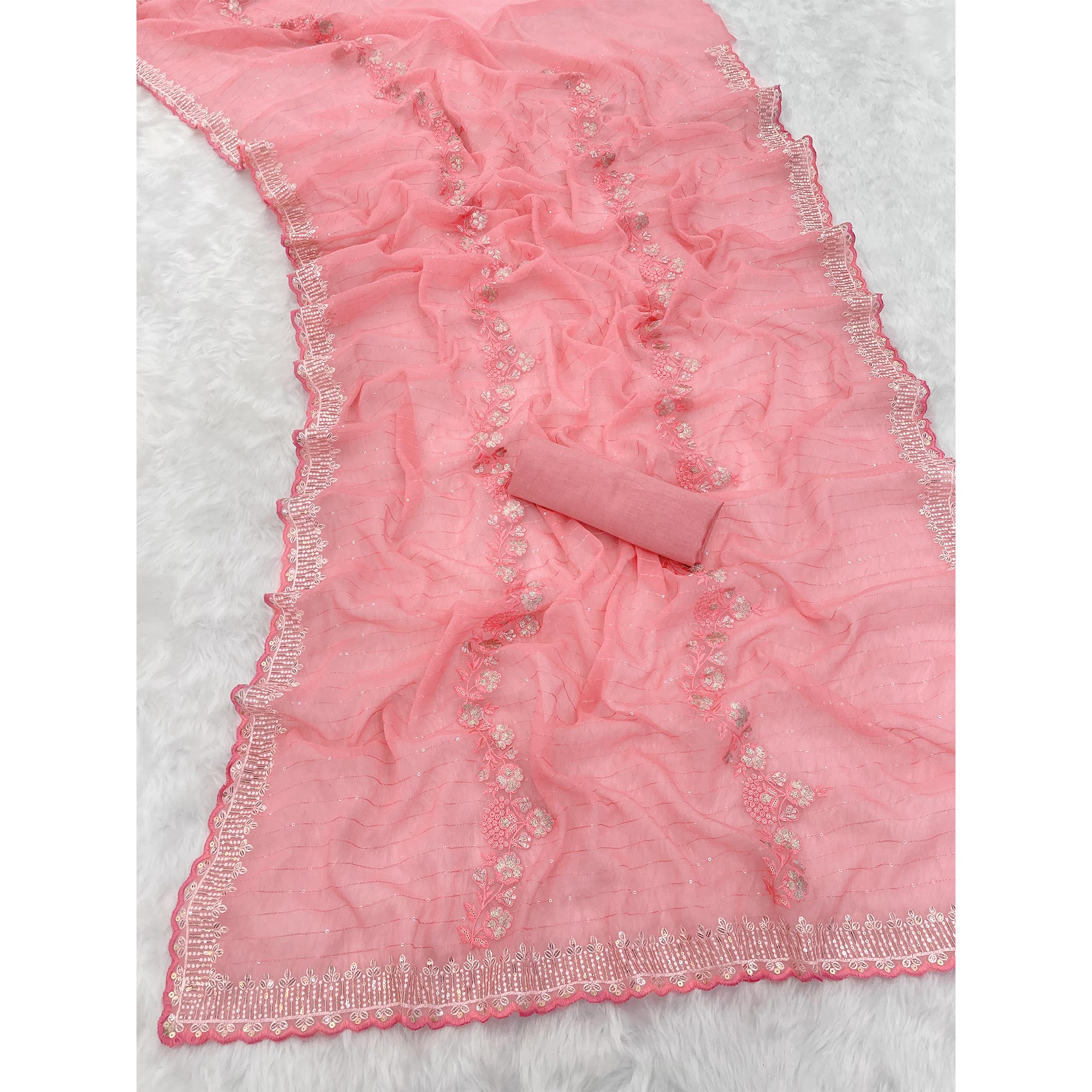 Rose Pink Shimmer Chiffon Saree with Pastel Floral Sequin Embroidery & Delicate Cutwork Border