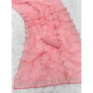 Rose Pink Shimmer Chiffon Saree with Pastel Floral Sequin Embroidery & Delicate Cutwork Border