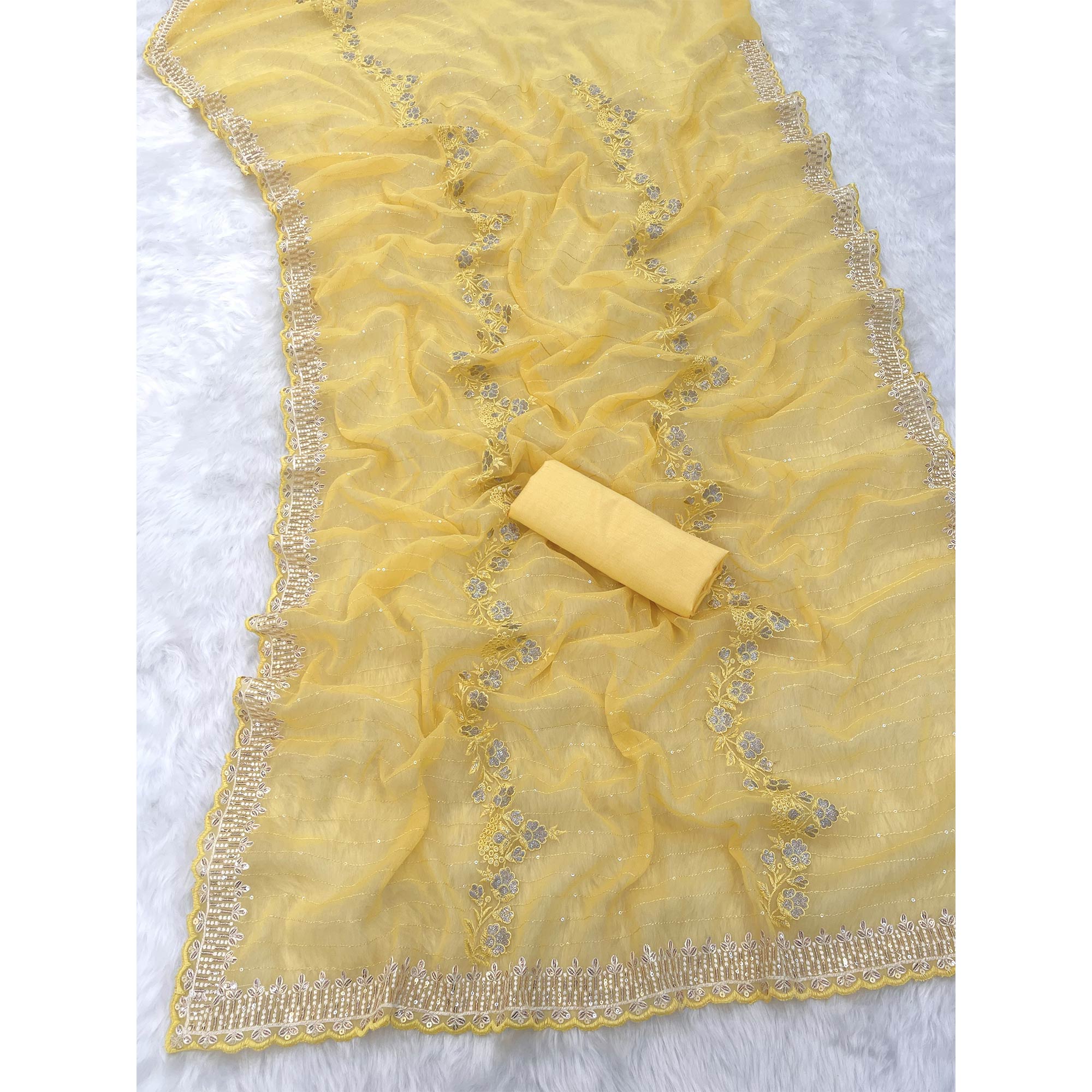 Yellow Shimmer Chiffon Saree with Floral Sequin Embroidery & Intricate Cutwork Border