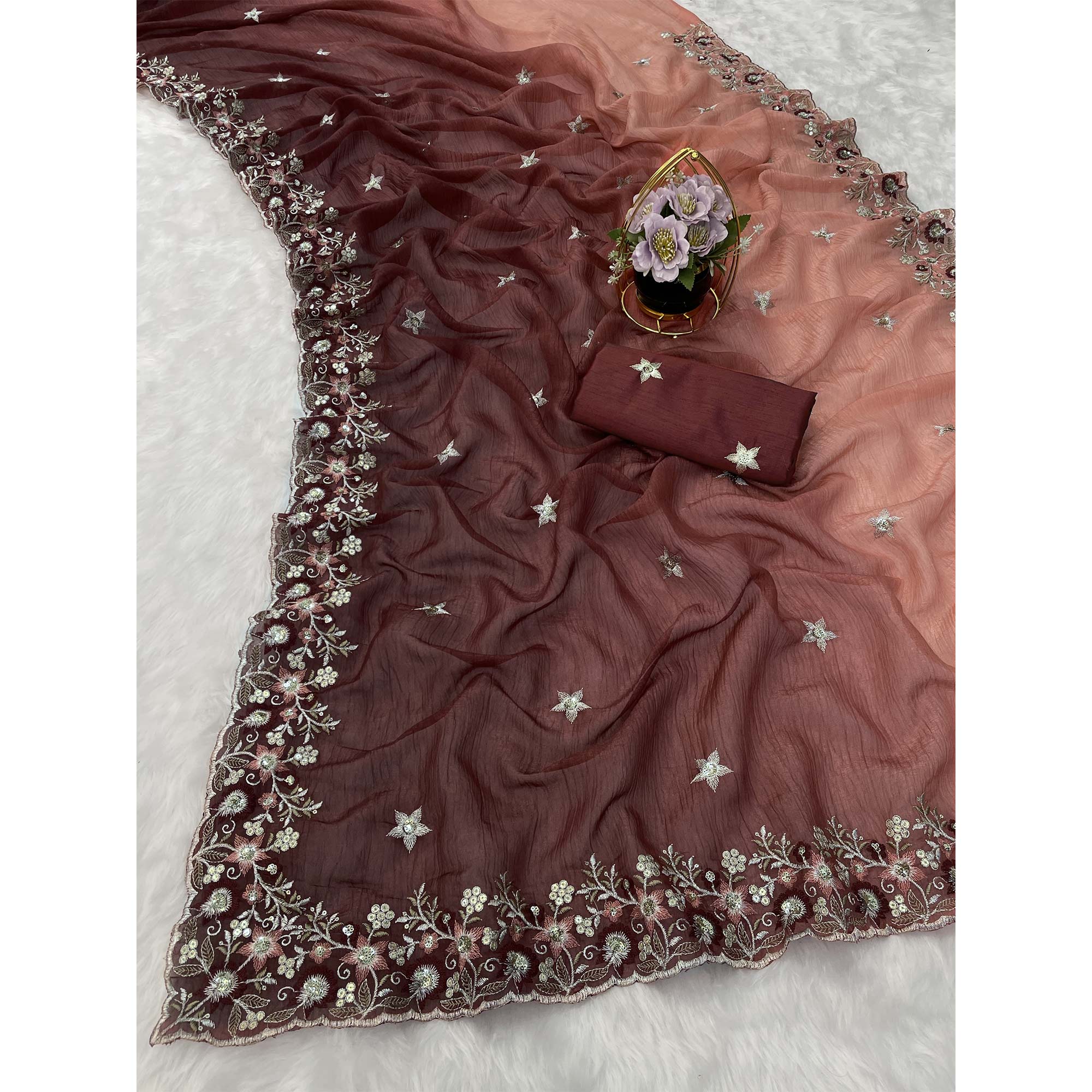 Brown Crunchy Crush Saree Featuring Floral Thread Embroidery & Sequins Embellishment