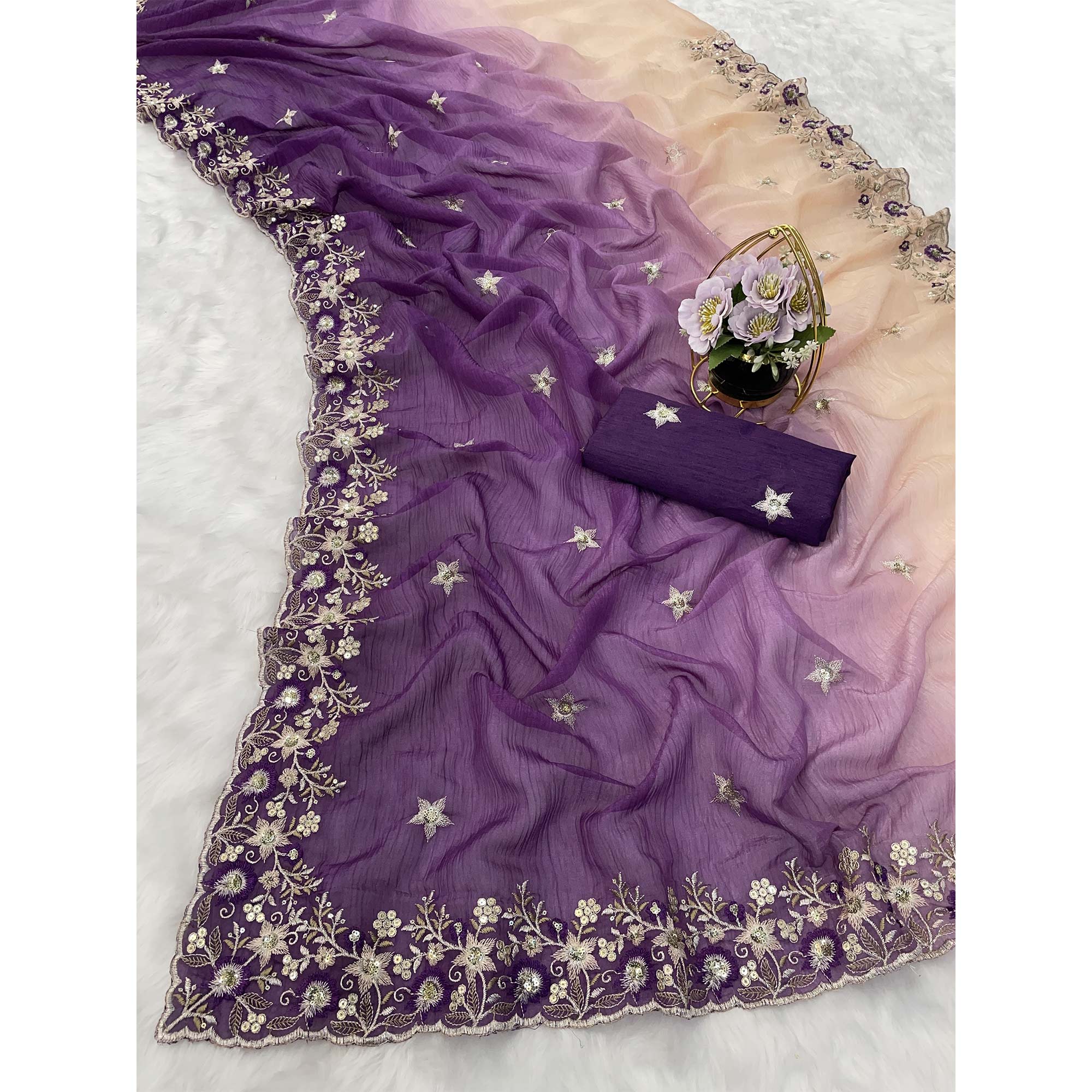 Purple Crunchy Crush Saree Featuring Floral Thread Embroidery & Sequins Embellishment