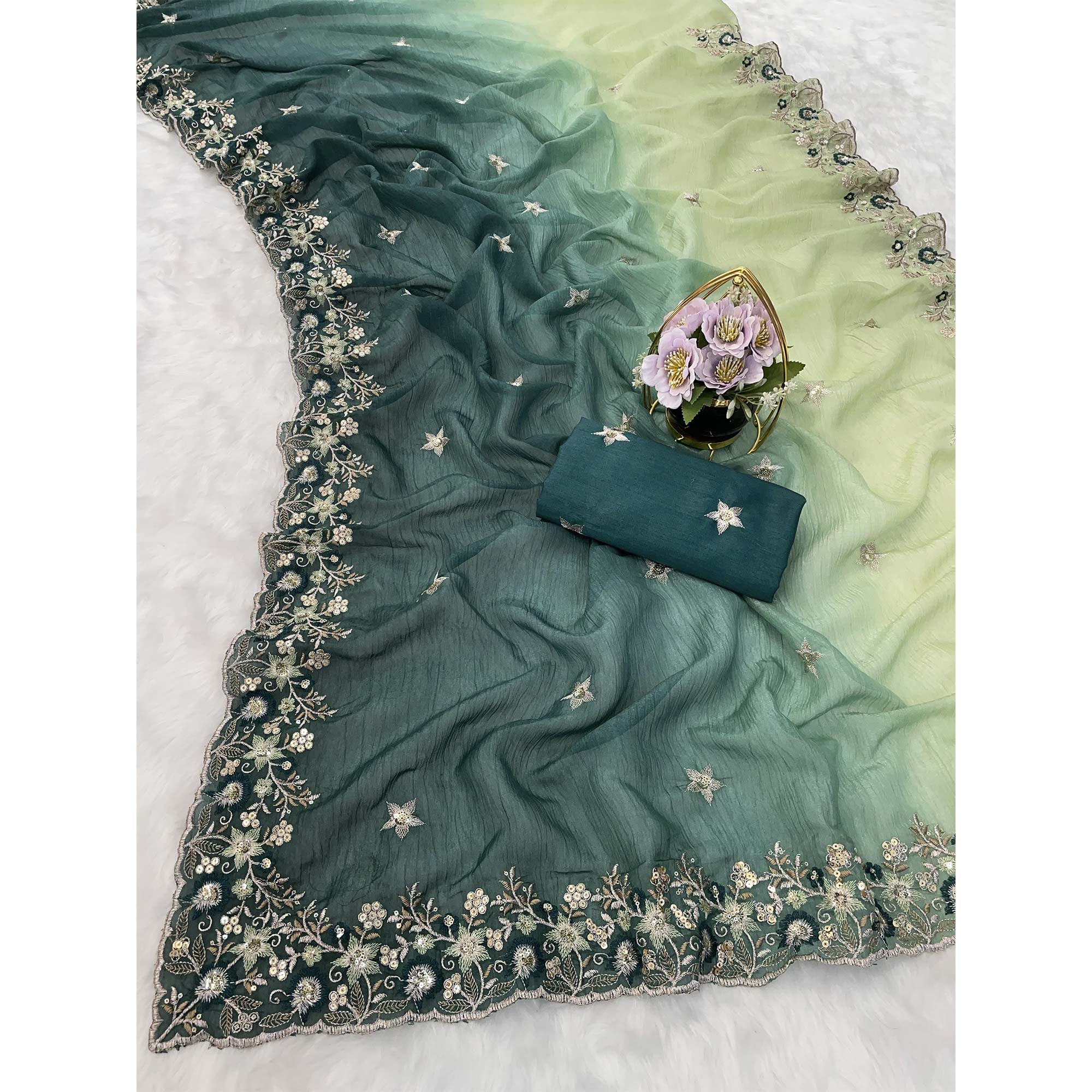 Teal Crunchy Crush Saree Featuring Floral Thread Embroidery & Sequins Embellishment