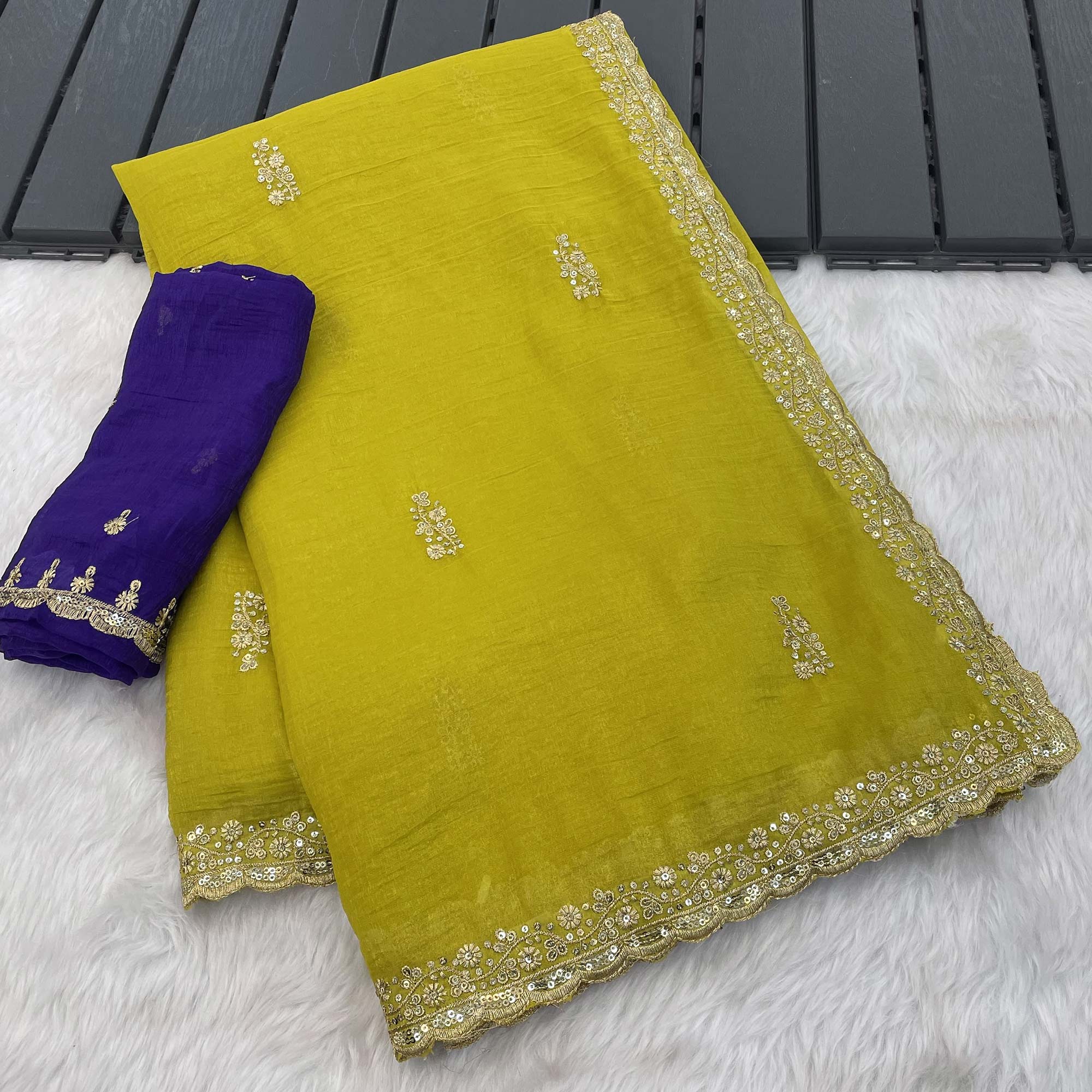 Enchanting Green Crunchy Crush Saree With Delicate Floral Thread Embroidery & Sparkling Sequins Accents