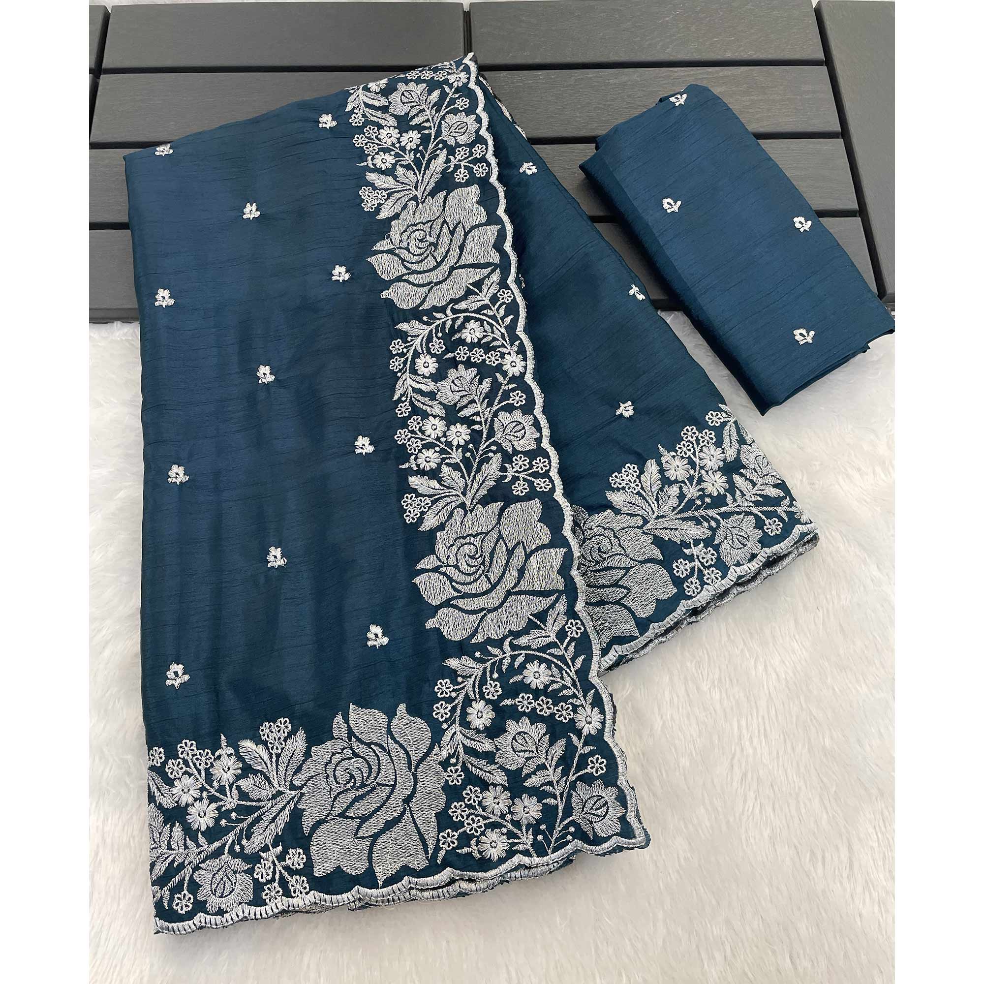 Dark Teal Blue Chinon Chiffon Saree With Graceful Floral Zari Embroidery