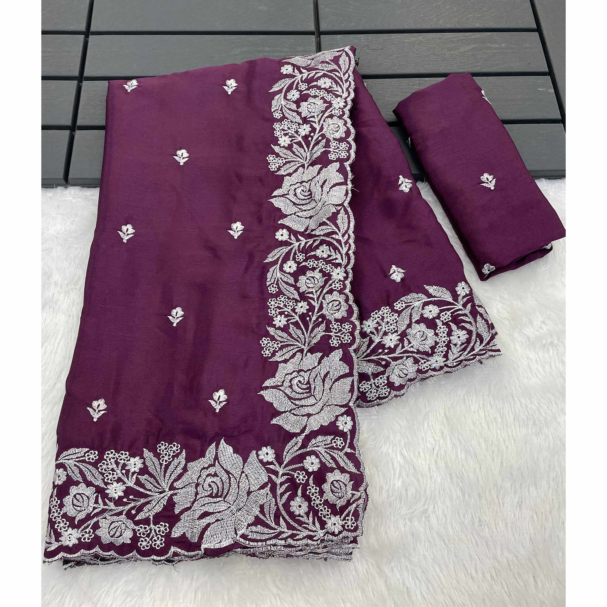 Ethereal Plum Purple Saree With Intricate Floral Zari Accents On Chinon Chiffon