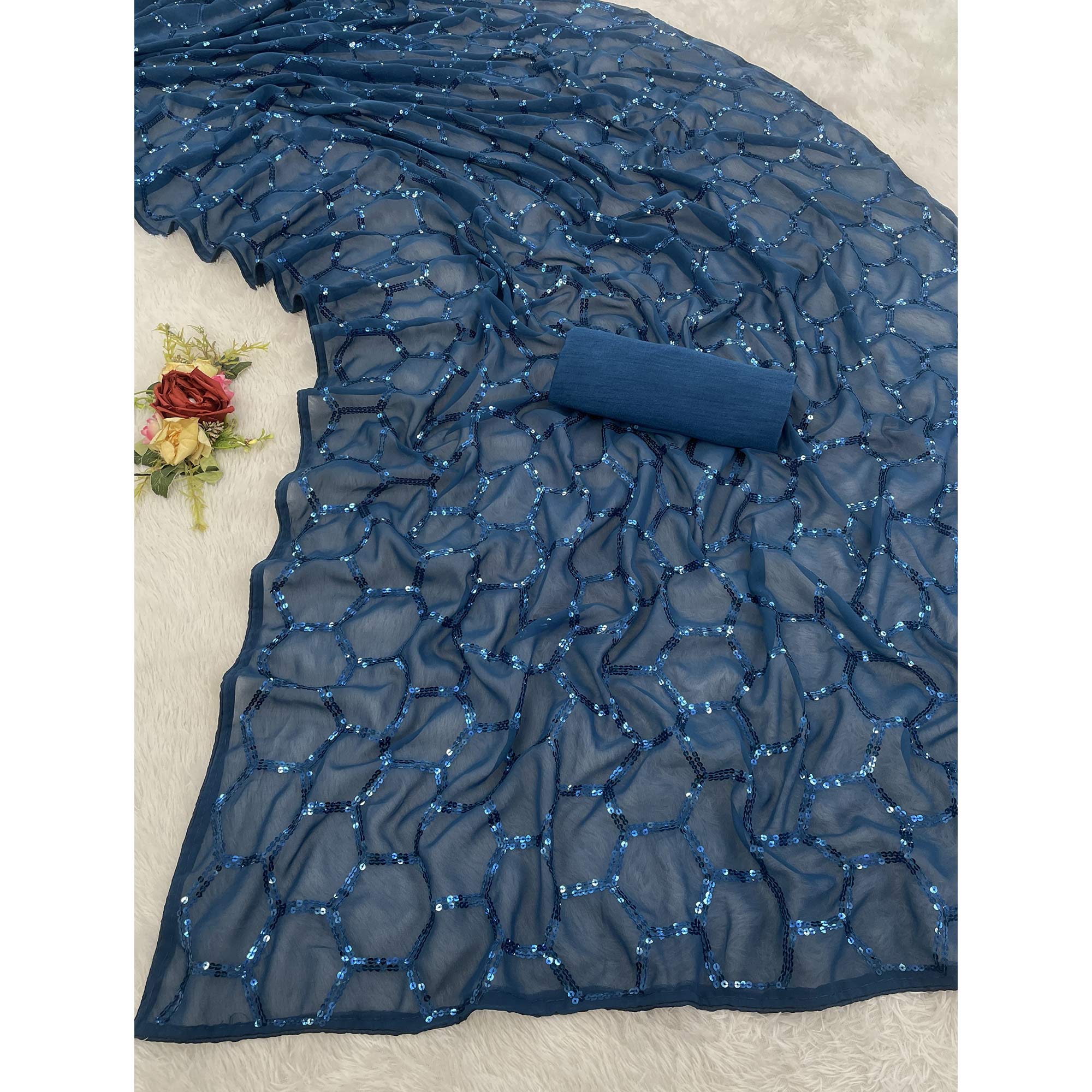 Blue Georgette Silk Saree Embellished With Sparkling Sequins Embroidery & Piping Border