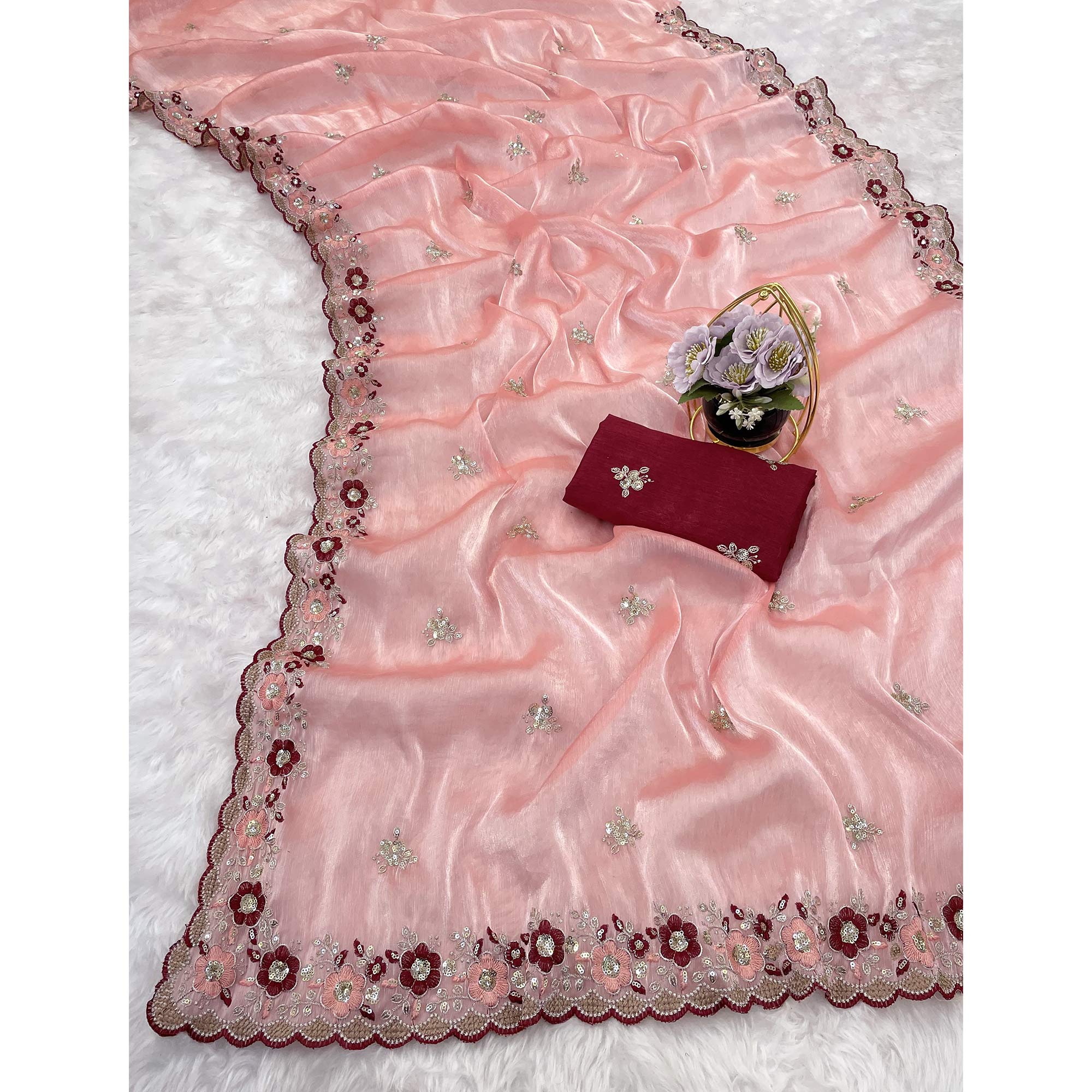 Peach Jimmy Choo Chiffon Saree Adorned With Floral Embroidery & Delicate Sequins Work