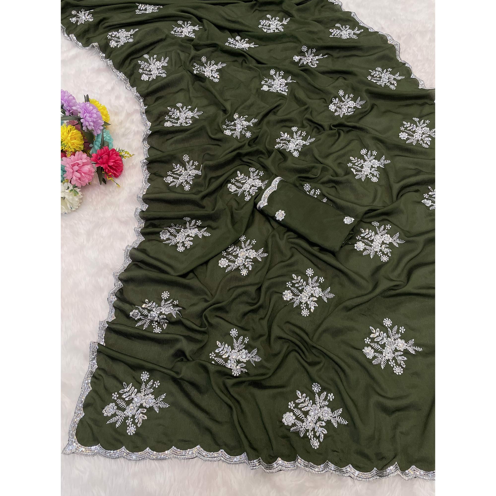 Green Chinon Saree Adorned With Zari Floral Embroidery & Gleaming Sequins Work