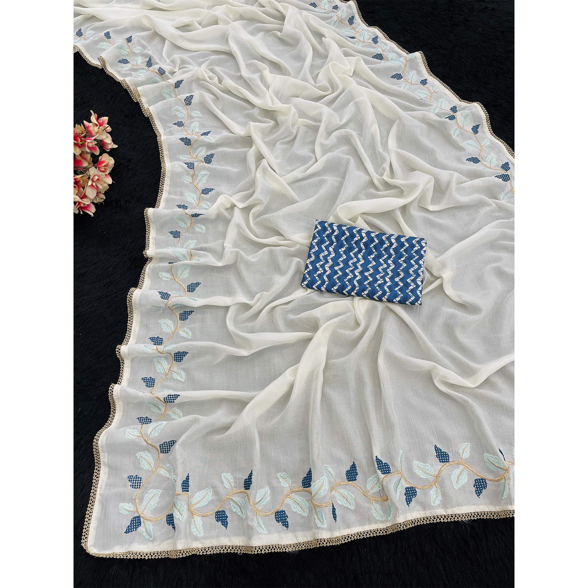 Timeless Offwhite & Blue Pure Silk Saree With Intricate Thread Embroidery And Delicate Lace Border
