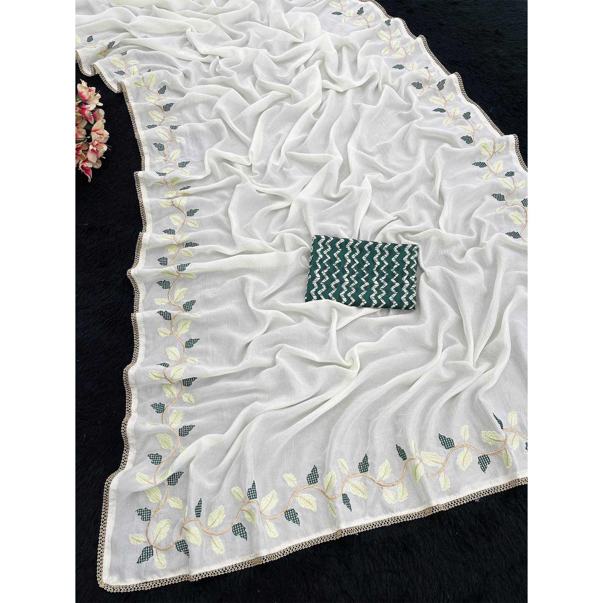 Elegant Offwhite & Green Pure Silk Saree With Intricate Thread Embroidery And Delicate Lace Border
