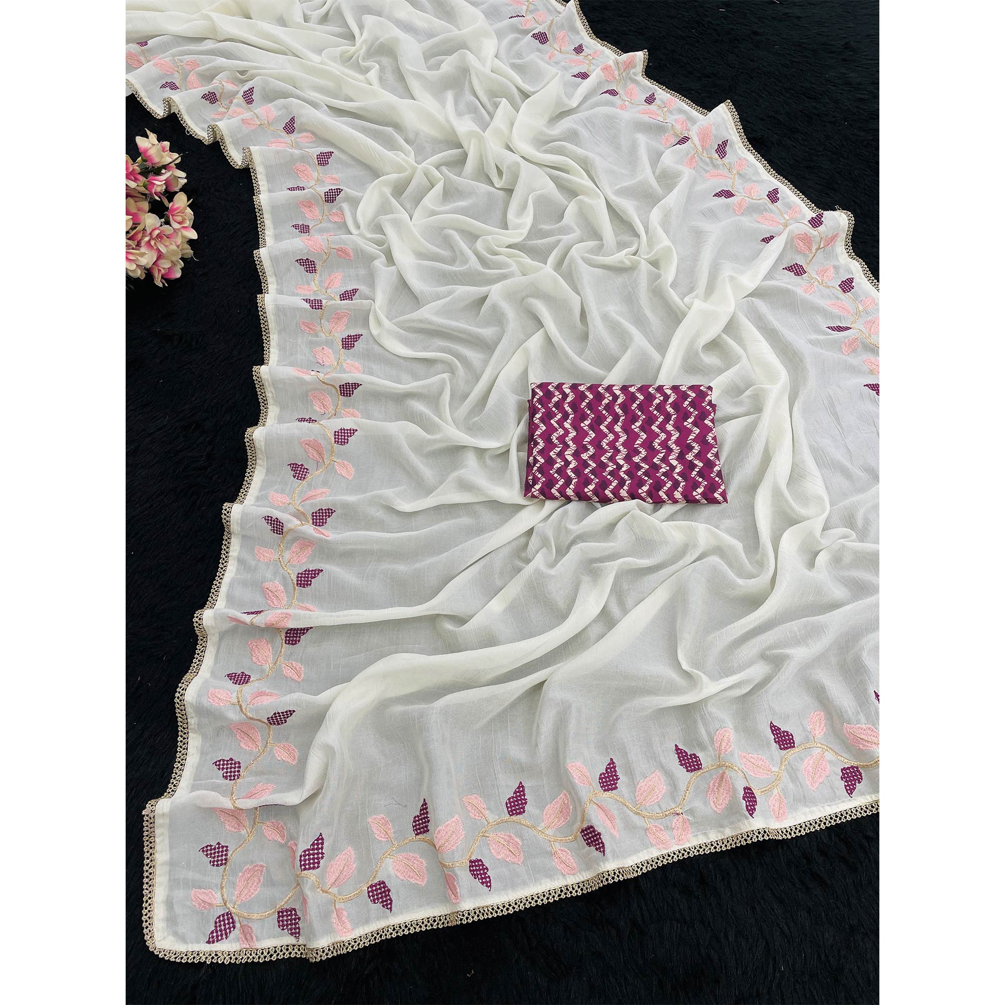 Graceful Offwhite & Wine Pure Silk Saree With Intricate Thread Embroidery And Delicate Lace Border