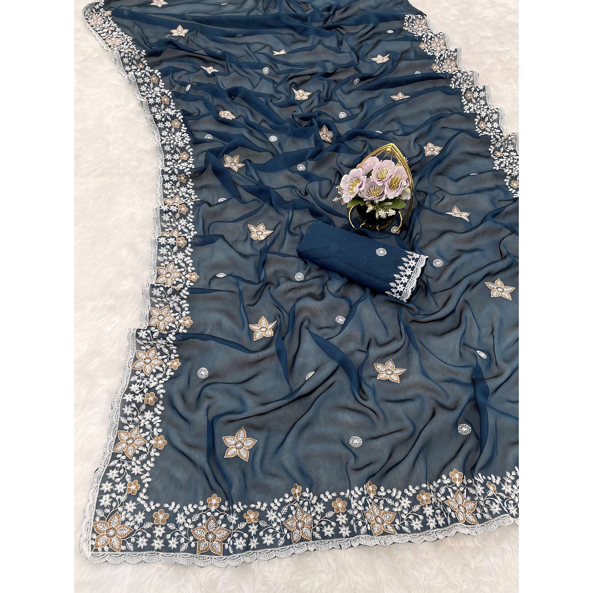 Teal Designer Art Silk Saree Enhanced with Fine Floral Embroidery Work