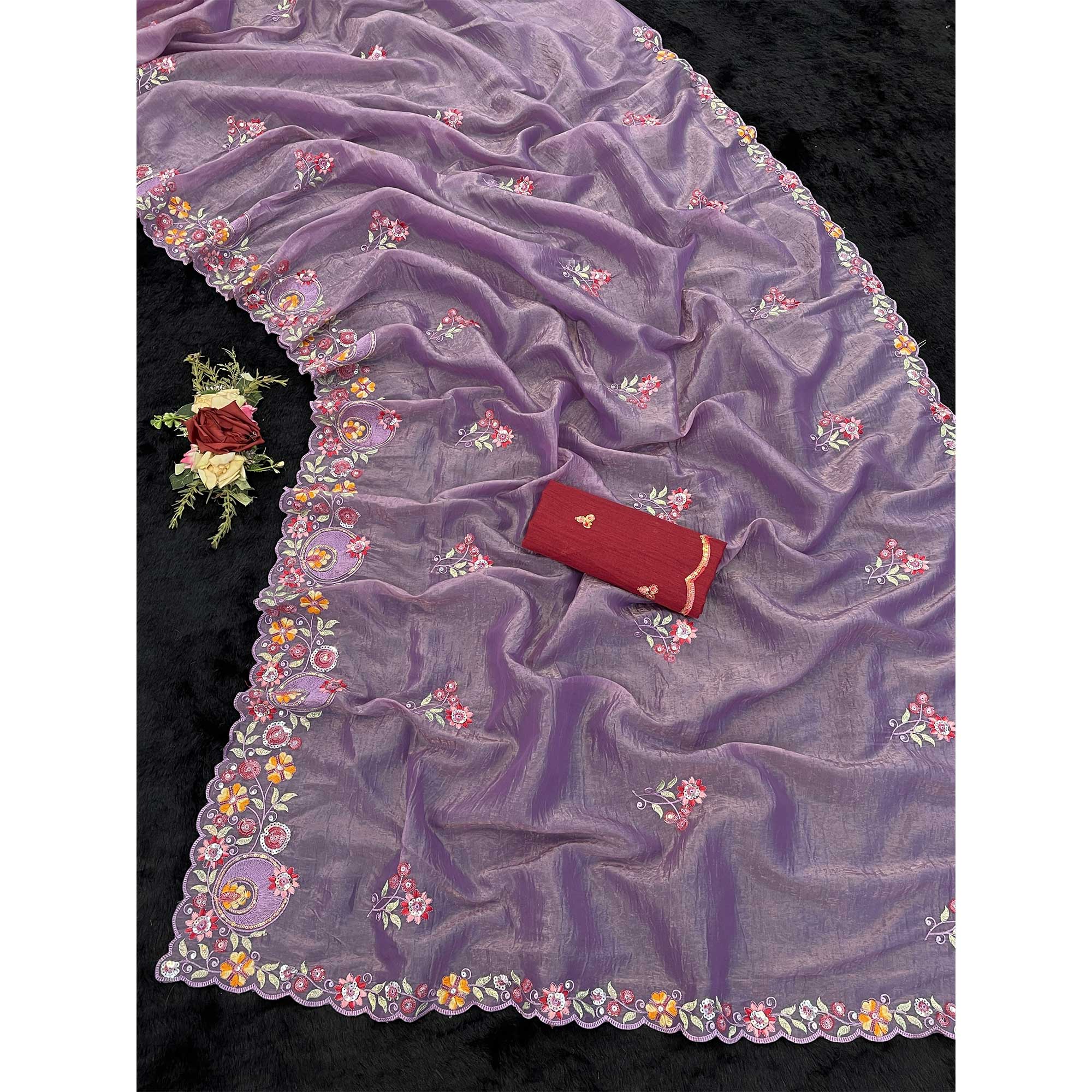 Lavender Elegance Cotton Silk Saree with Floral Sequins Embroidery