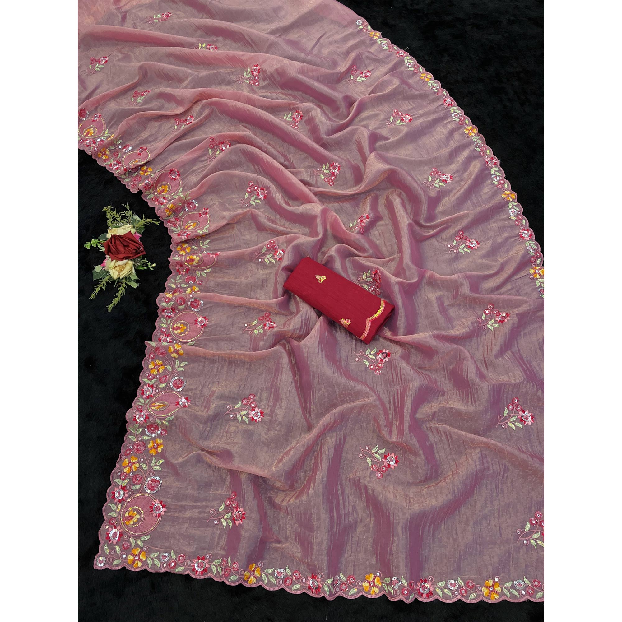 Pink Elegance Cotton Silk Saree with Floral Sequins Embroidery