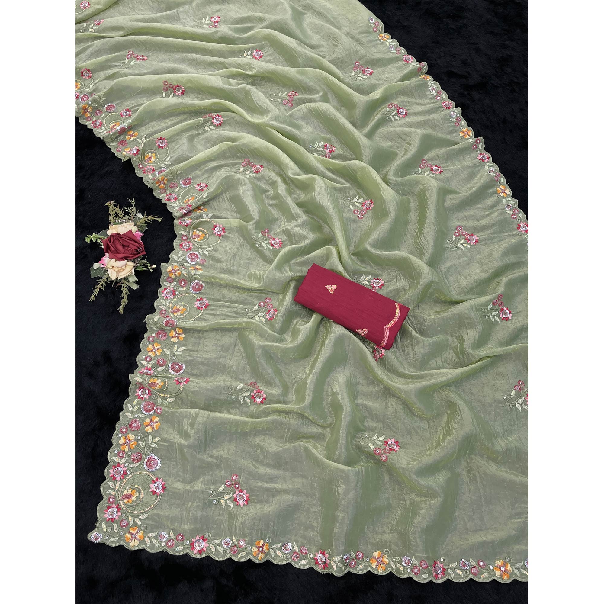 Pista Green Elegance Cotton Silk Saree with Floral Sequins Embroidery