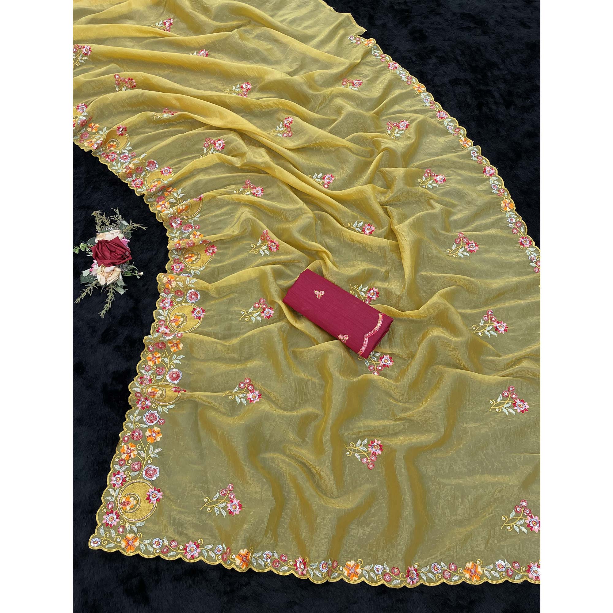 Yellow Elegance Cotton Silk Saree with Floral Sequins Embroidery