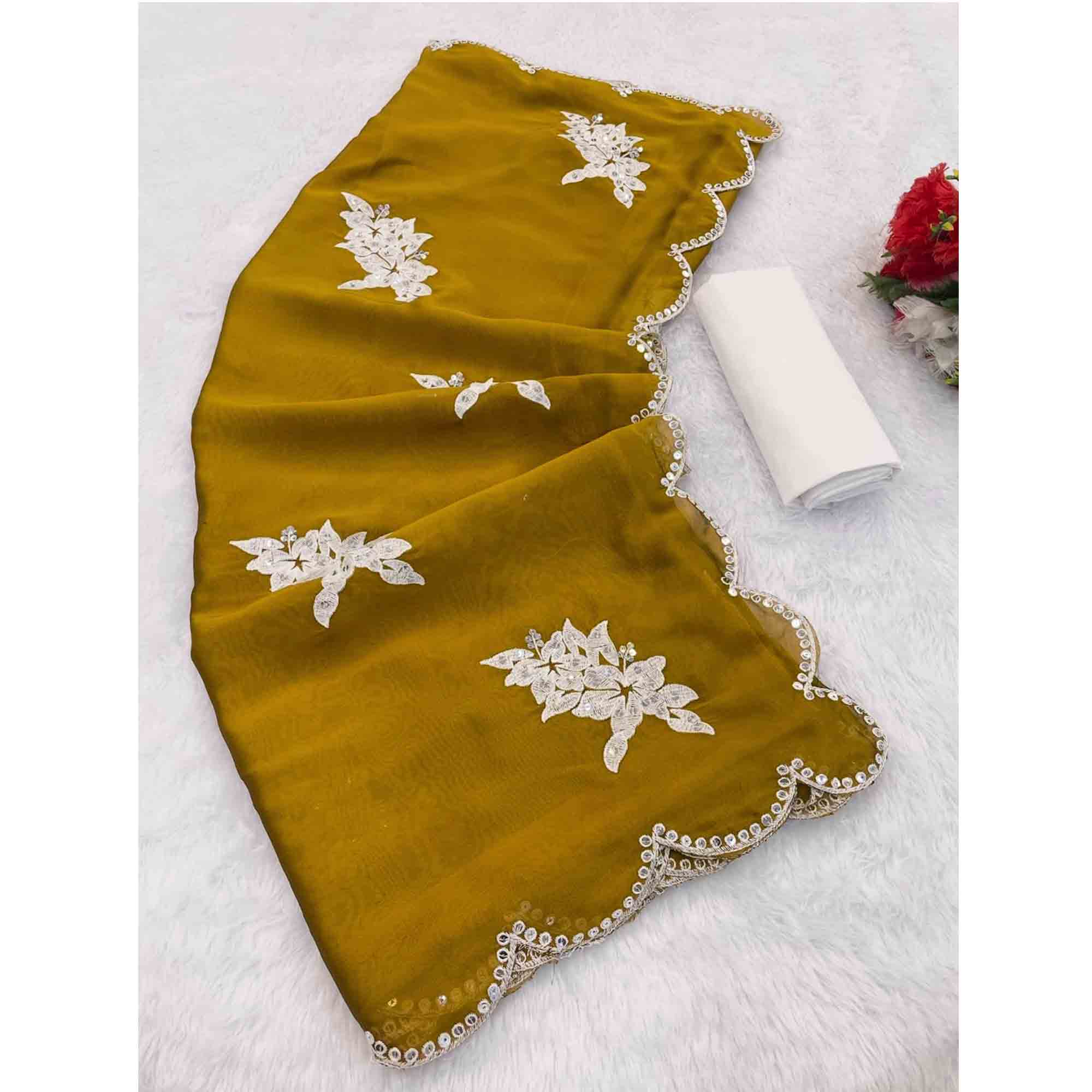 Mustard Silk Blend Saree with Embroidered Floral Design in Sequins & Thread
