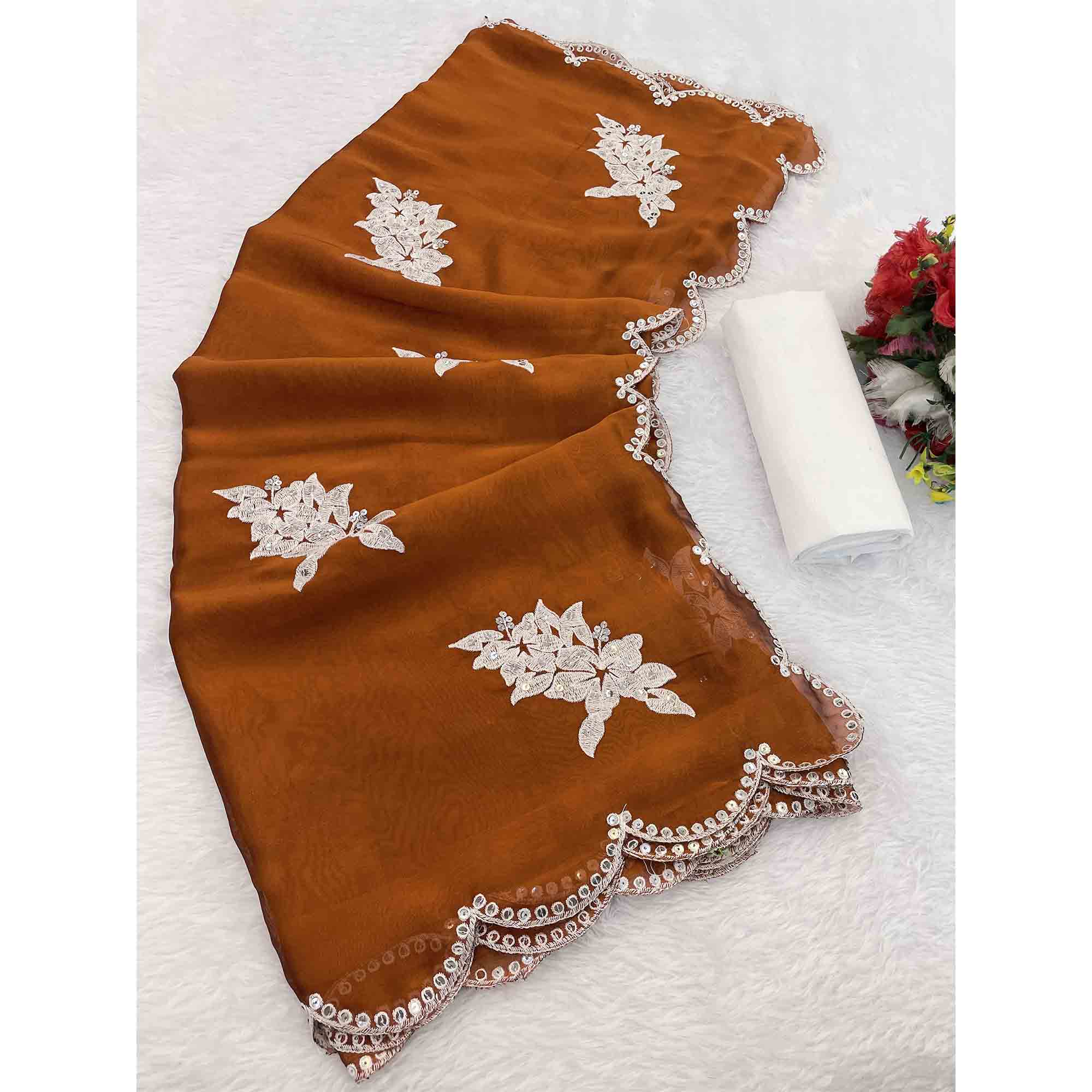 Rust Silk Blend Saree with Embroidered Floral Design in Sequins & Thread