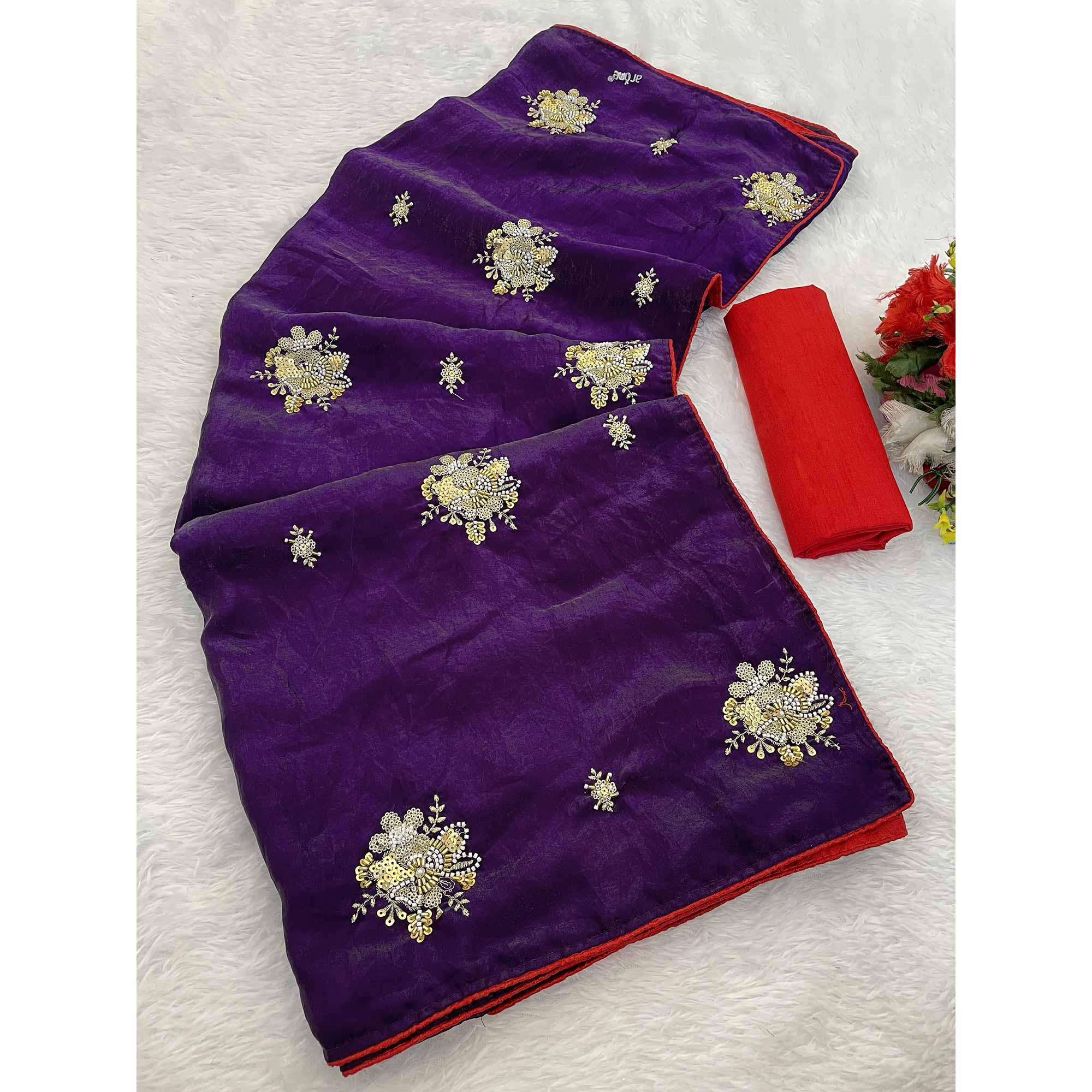 Party Wear Purple Satin Silk Saree with Intricate Bead and Sequin Detailing
