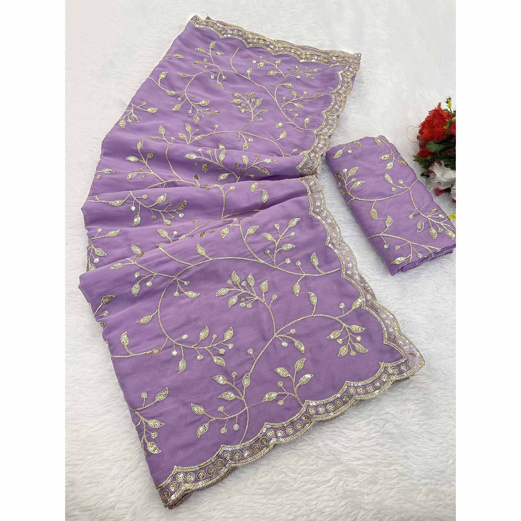 Designer Lavender Georgette Saree Featuring Intricate Sequins & Embroidery Work