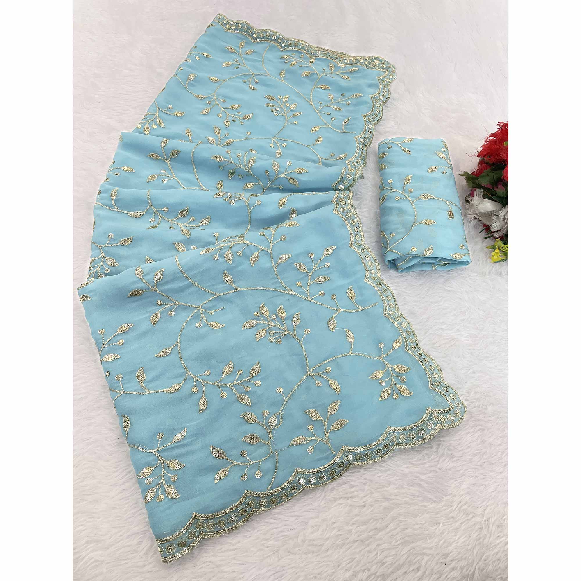 Designer Turquoise Georgette Saree Featuring Intricate Sequins & Embroidery Work