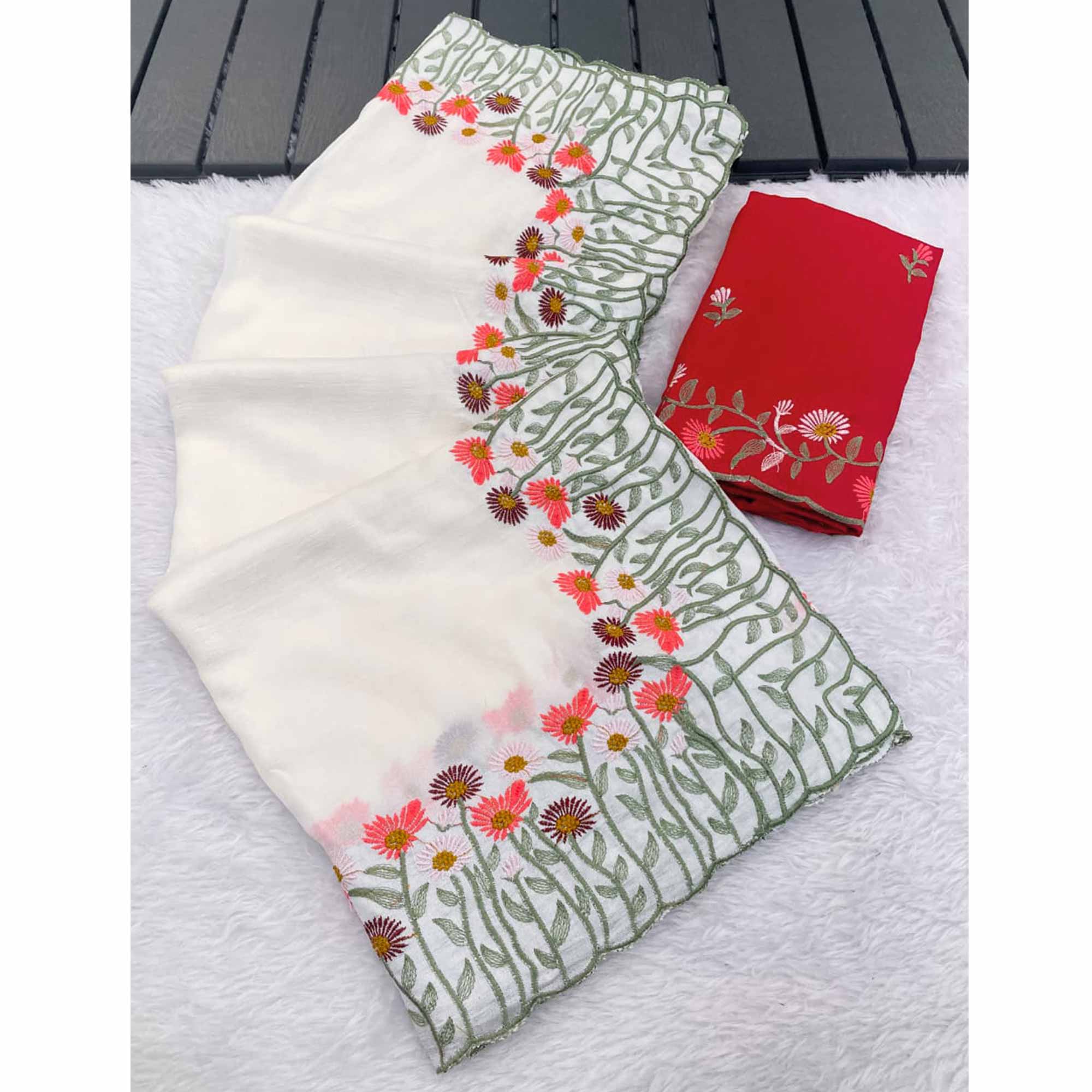 Off White Vichitra Silk Saree with Fine Floral Embroidery for Party and Traditional Styling