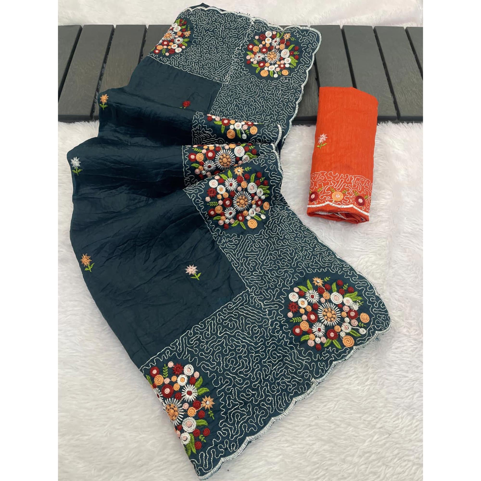 Deep Teal Cotton Silk Saree with Beautiful Floral Embroidery for Parties & Celebrations