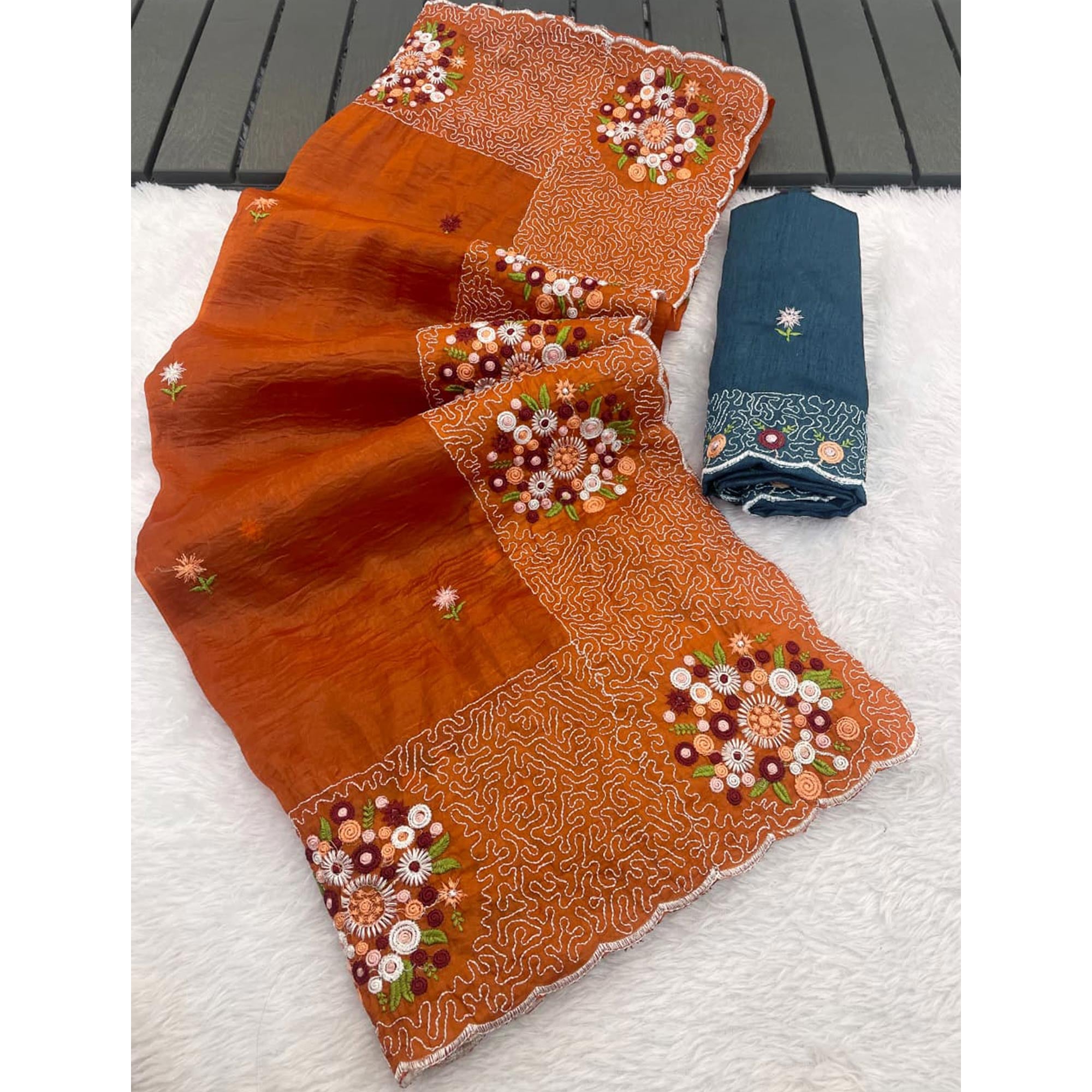 Orange Cotton Silk Saree with Beautiful Floral Embroidery for Parties & Celebrations