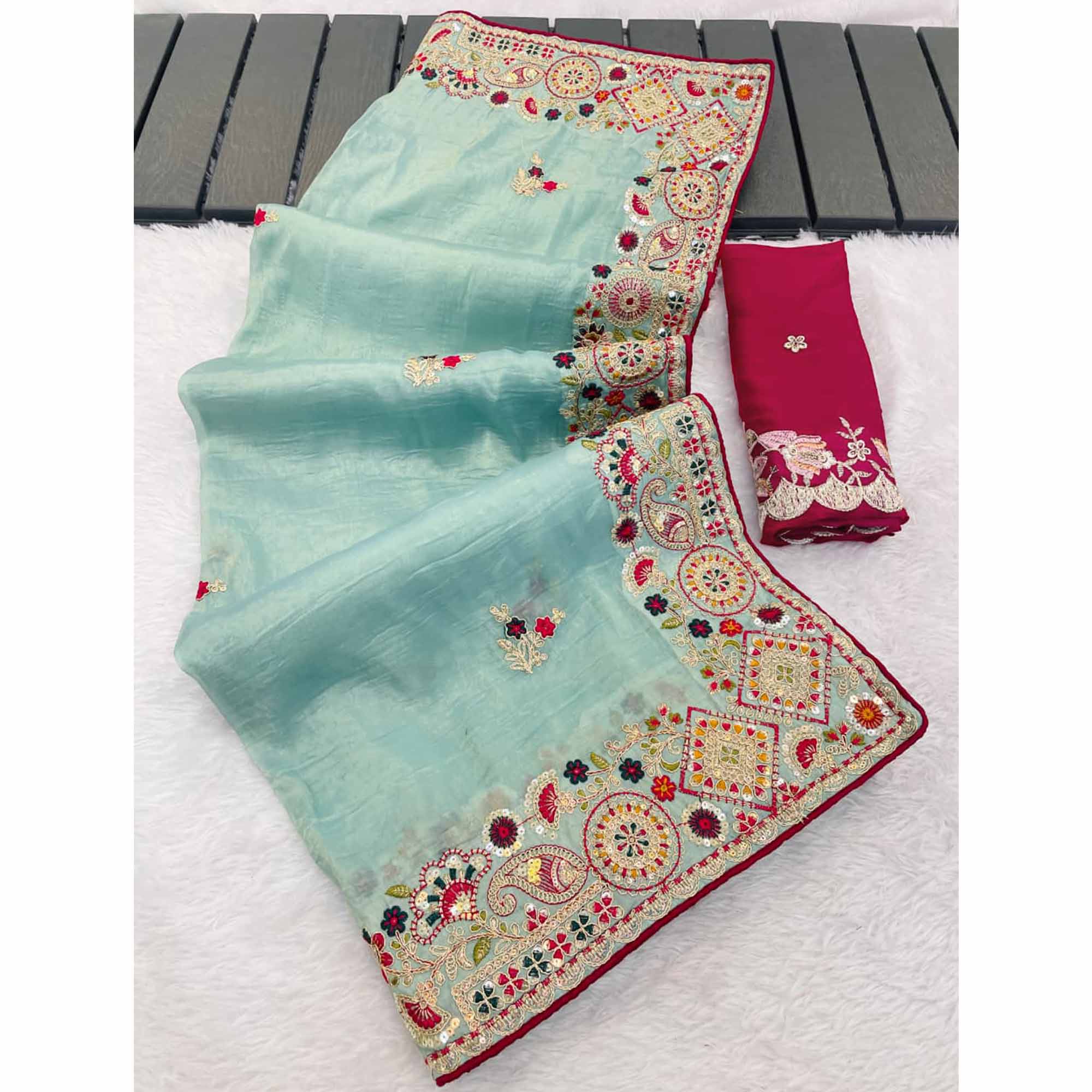 Aqua Blue Saree in Cotton Silk Fabric with Exquisite Floral Sequins Detailing