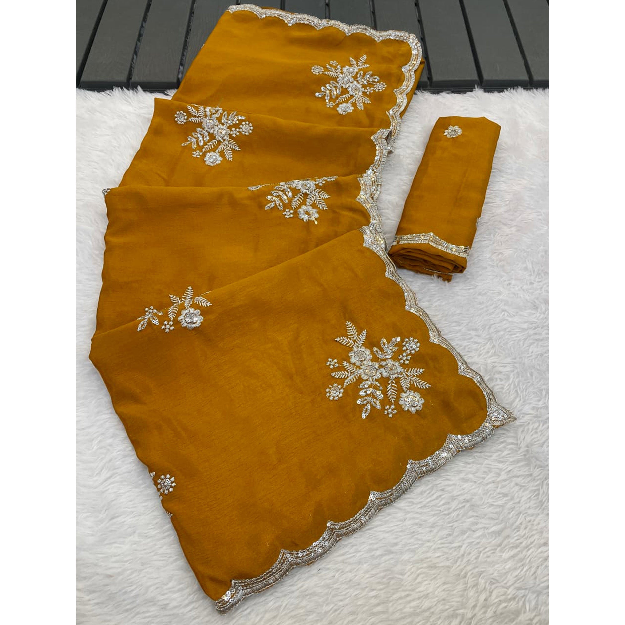 Designer Mustard Pure Chinon Saree Highlighted with Elegant Sequins Embroidery
