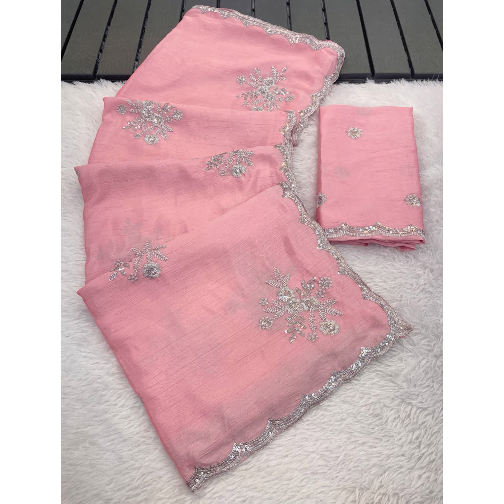 Designer Peach Pure Chinon Saree Highlighted with Elegant Sequins Embroidery