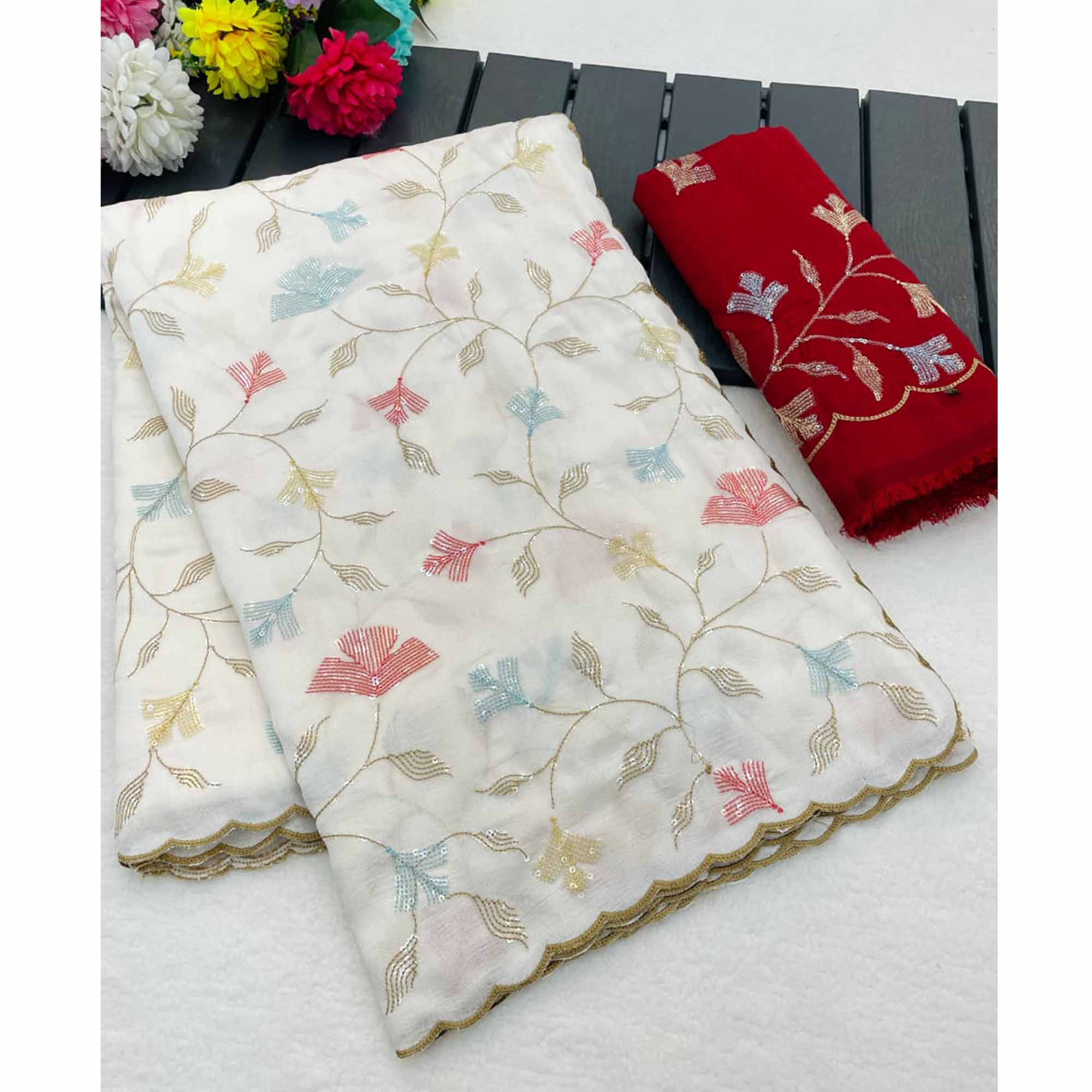 Graceful White Vichitra Silk Saree Adorned With Floral Sequins Embroidery & Golden Arco Border